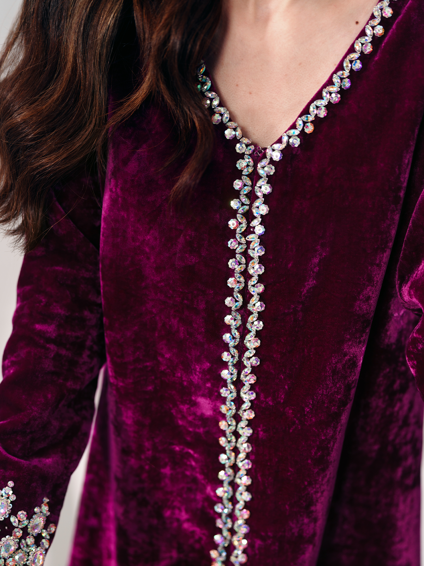 Hot Pink Hand-Embroidered French Velvet Gown Set