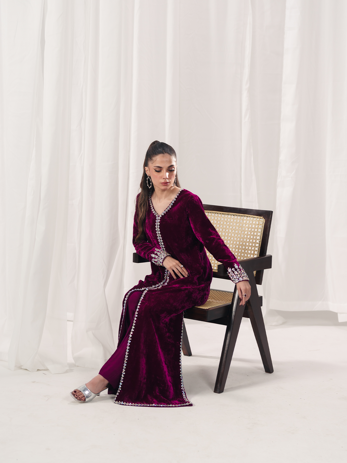 Hot Pink Hand-Embroidered French Velvet Gown Set