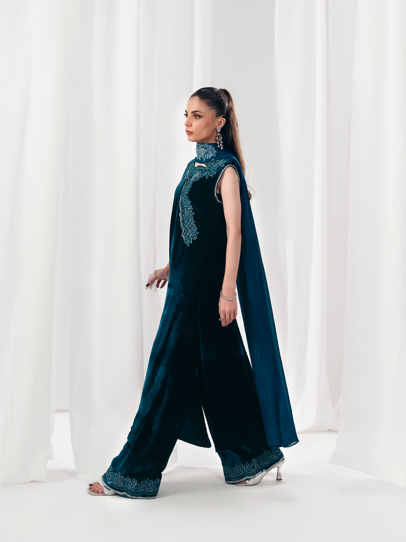 Teen Teal Hand-Embroidered French Velvet Three-Piece