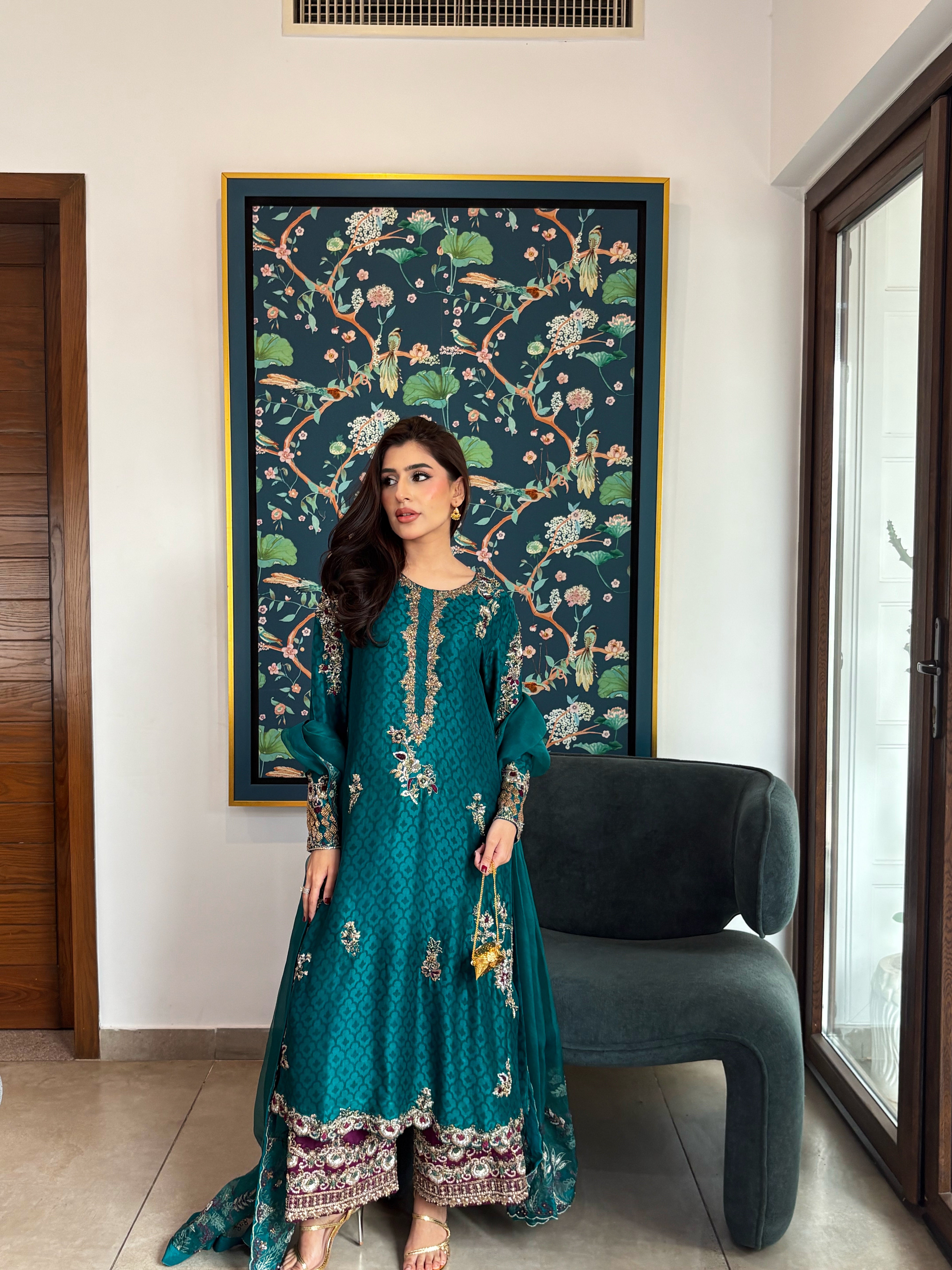 Zinc Green Hand-Embroidered Tissue Silk Three-Piece