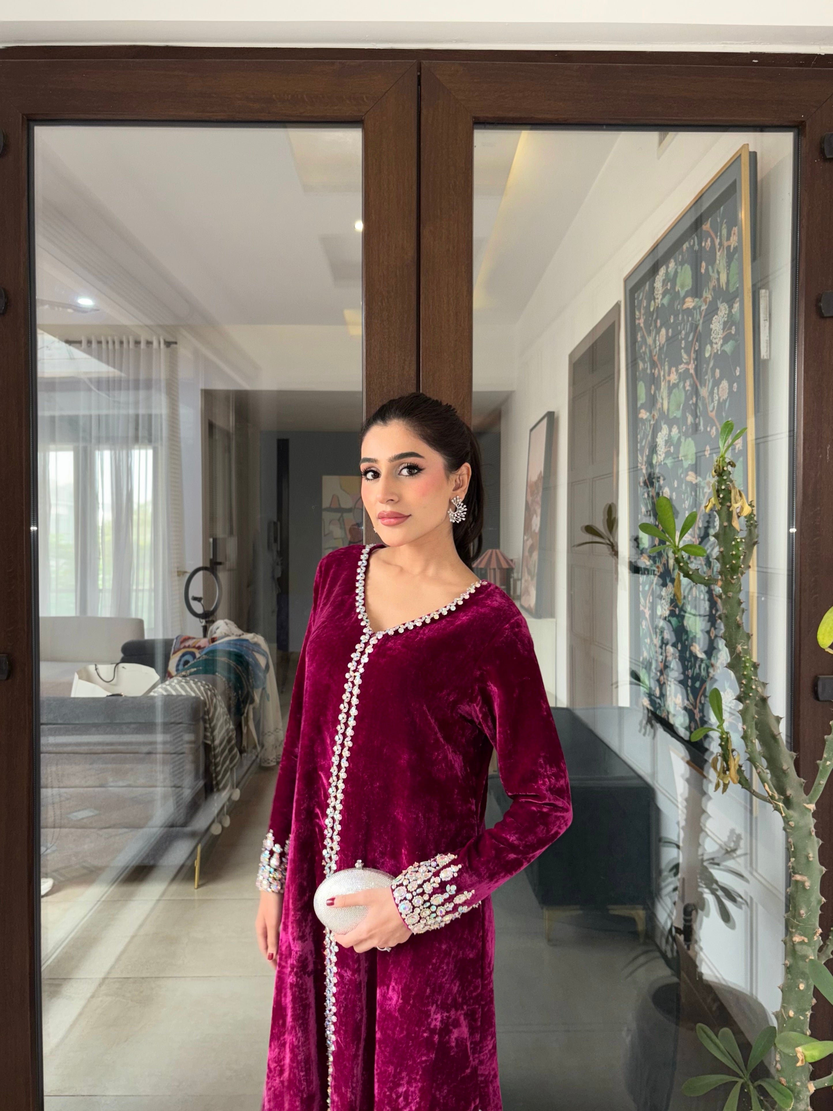 Hot Pink Hand-Embroidered French Velvet Gown Set