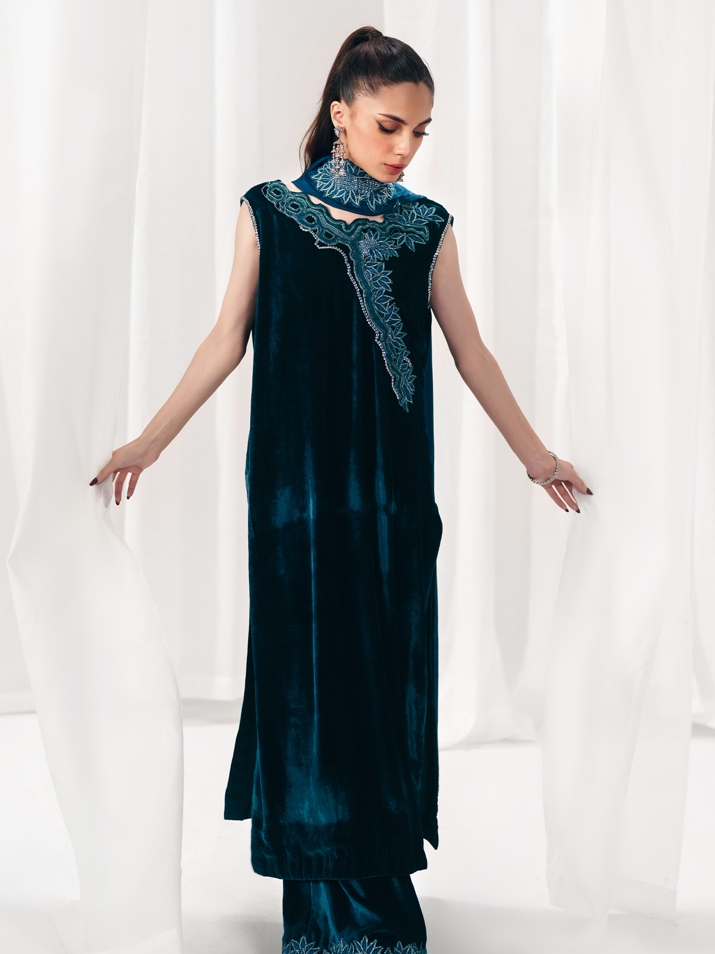 Teen Teal Hand-Embroidered French Velvet Three-Piece