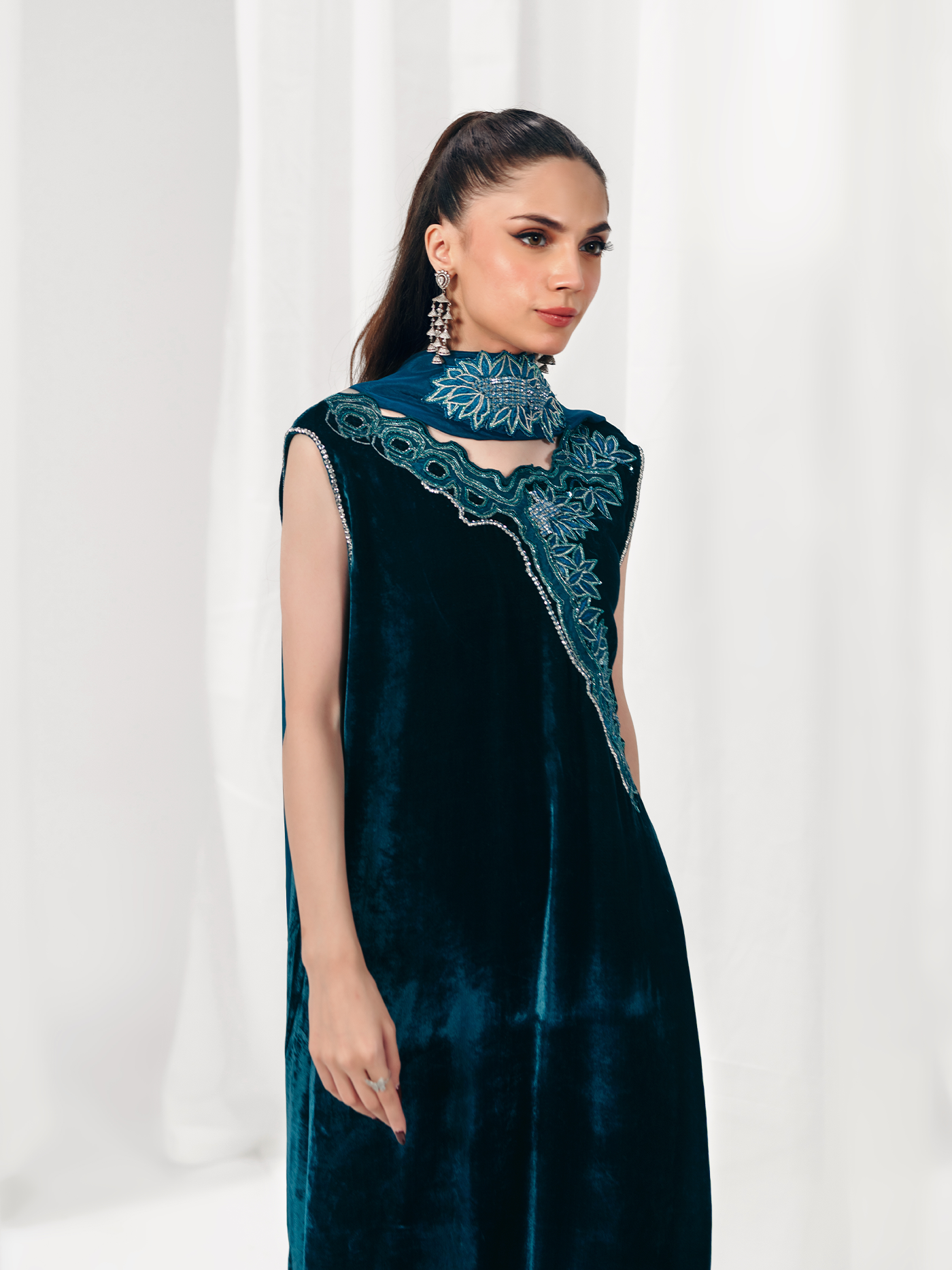 Teen Teal Hand-Embroidered French Velvet Three-Piece