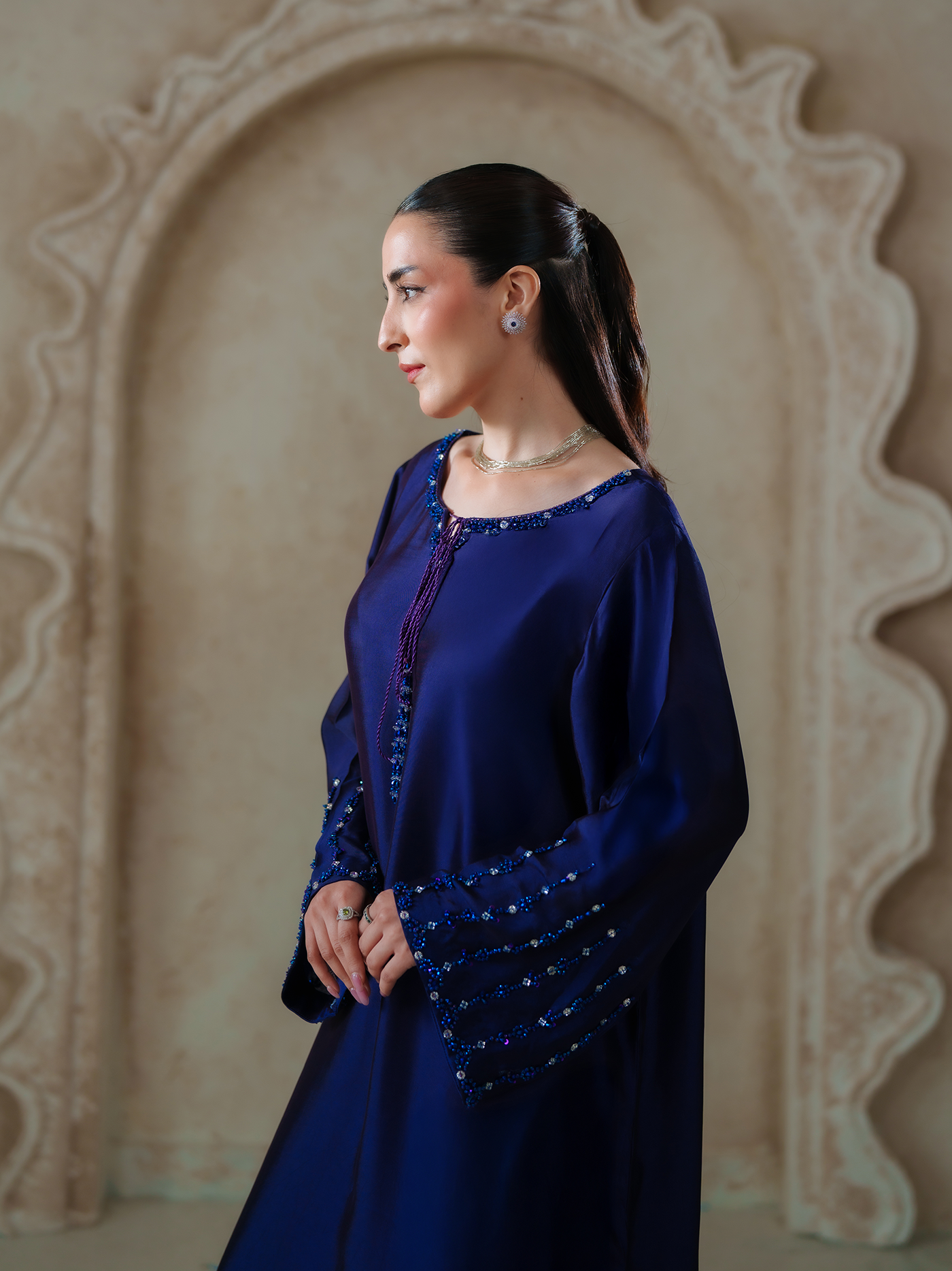 Deep Purple Sheesha Silk Embellished Kaftan