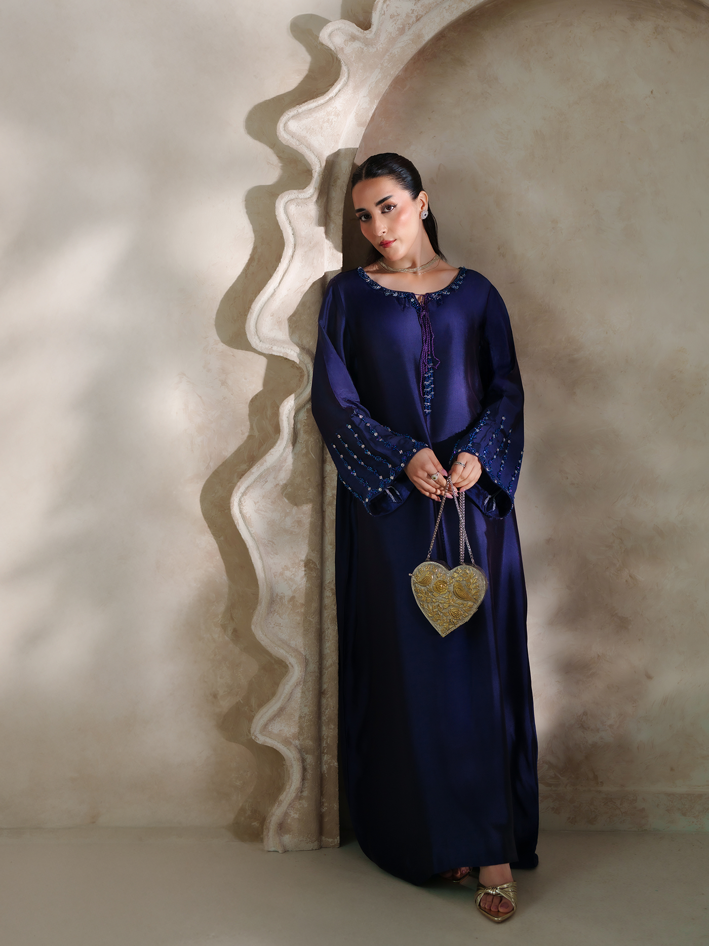 Deep Purple Sheesha Silk Embellished Kaftan