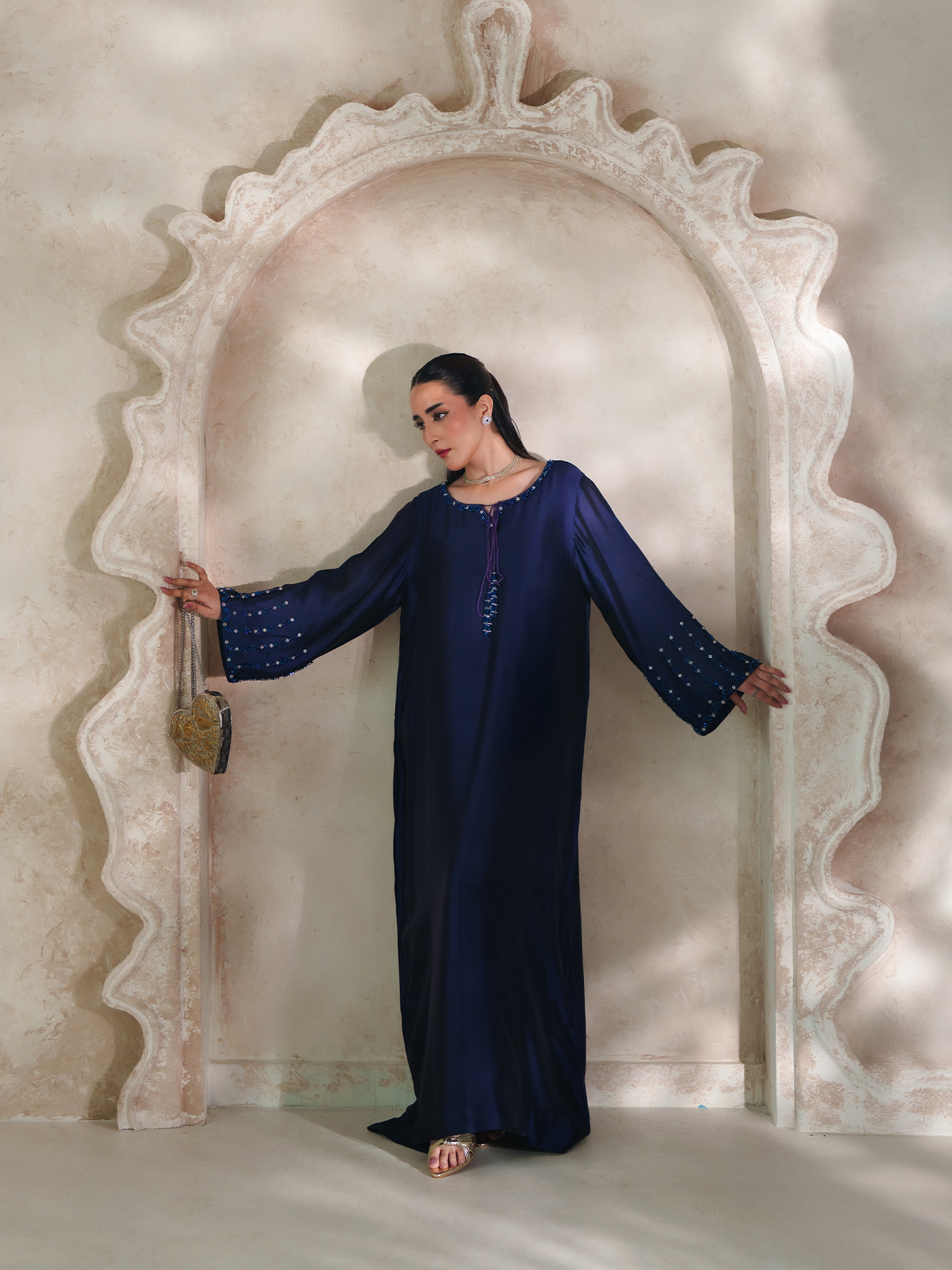 Deep Purple Sheesha Silk Embellished Kaftan