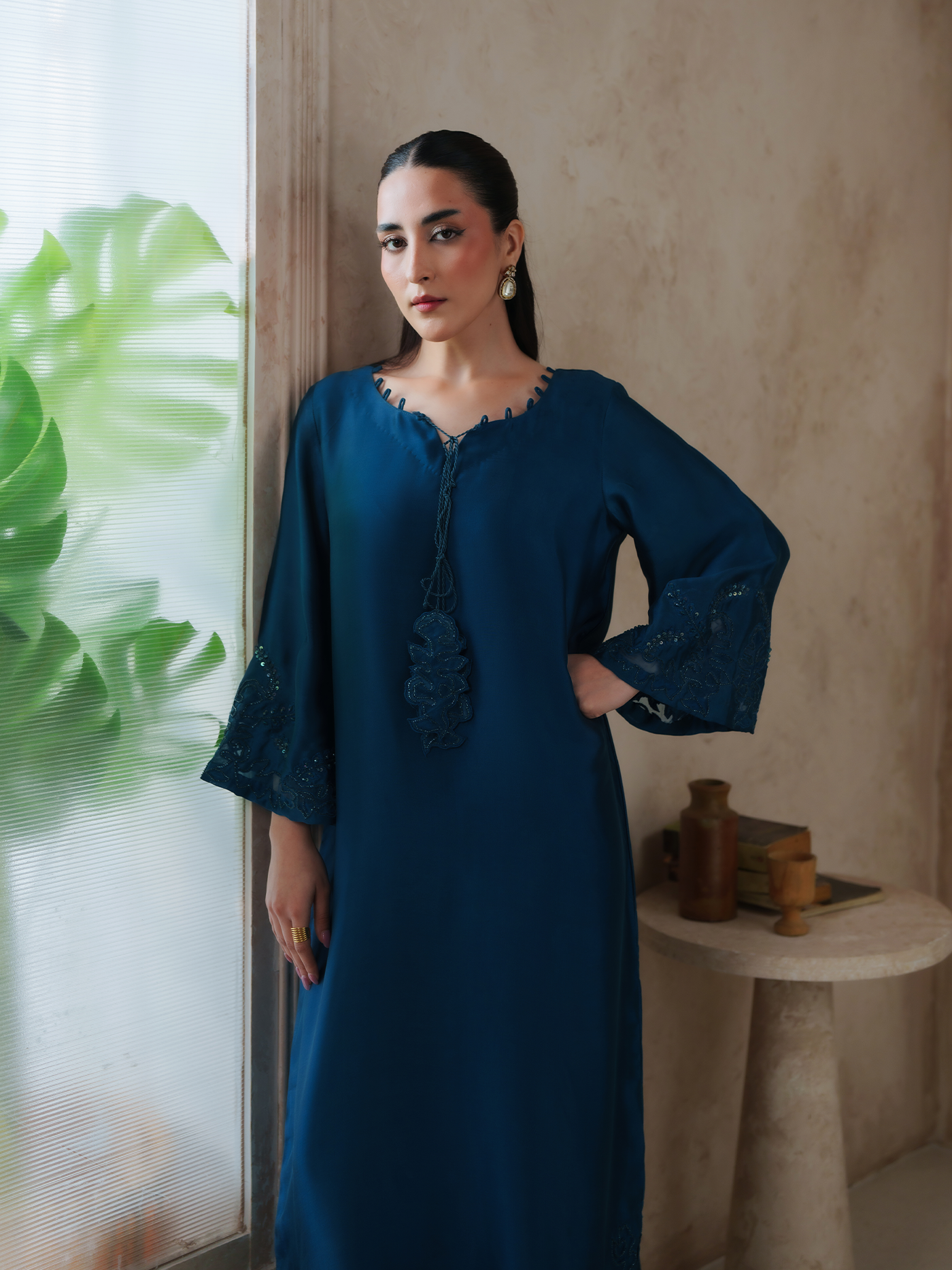 Terra Teal Sheesha Silk Embellished Kaftan
