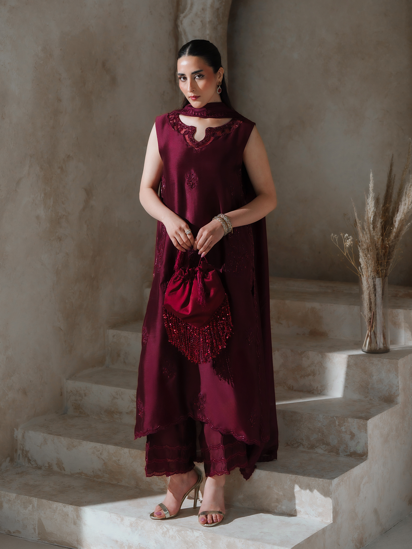 Scarlett Deep Maroon Sheesha Silk Three Piece