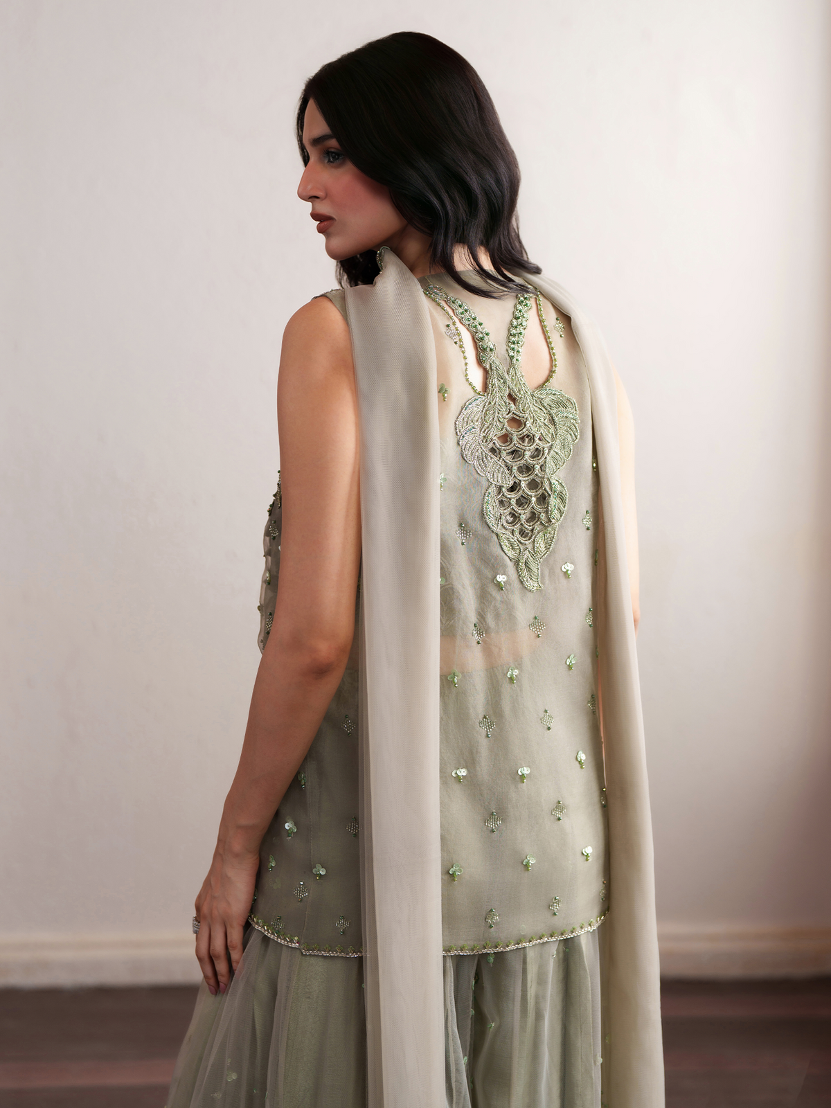 MINTARA Mint Green Embroidered Organza Sharara Suit
