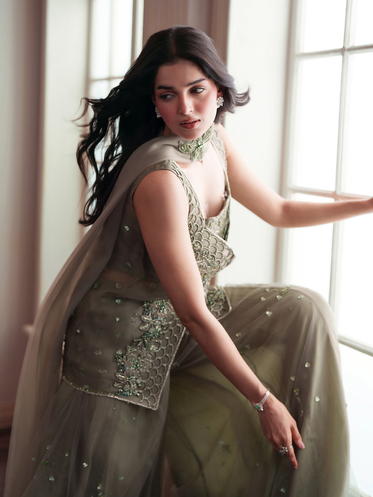 MINTARA Mint Green Embroidered Organza Sharara Suit