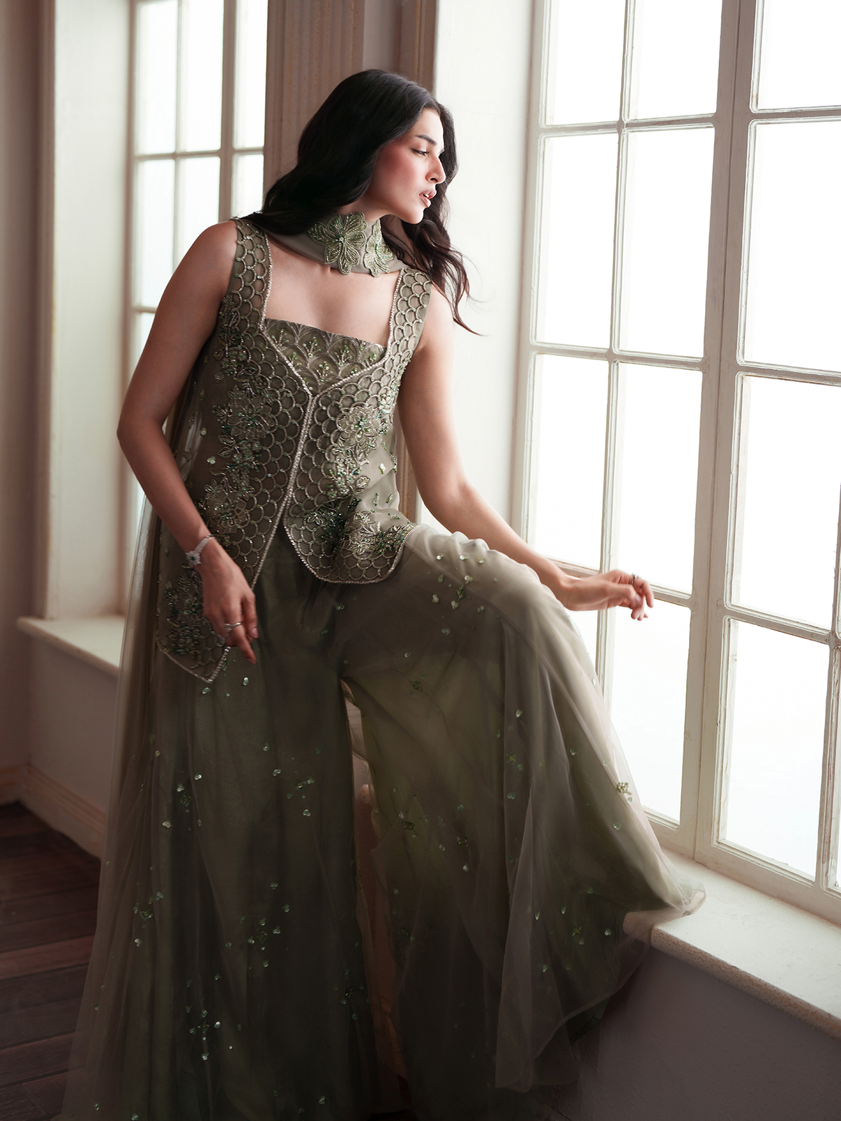 MINTARA Mint Green Embroidered Organza Sharara Suit