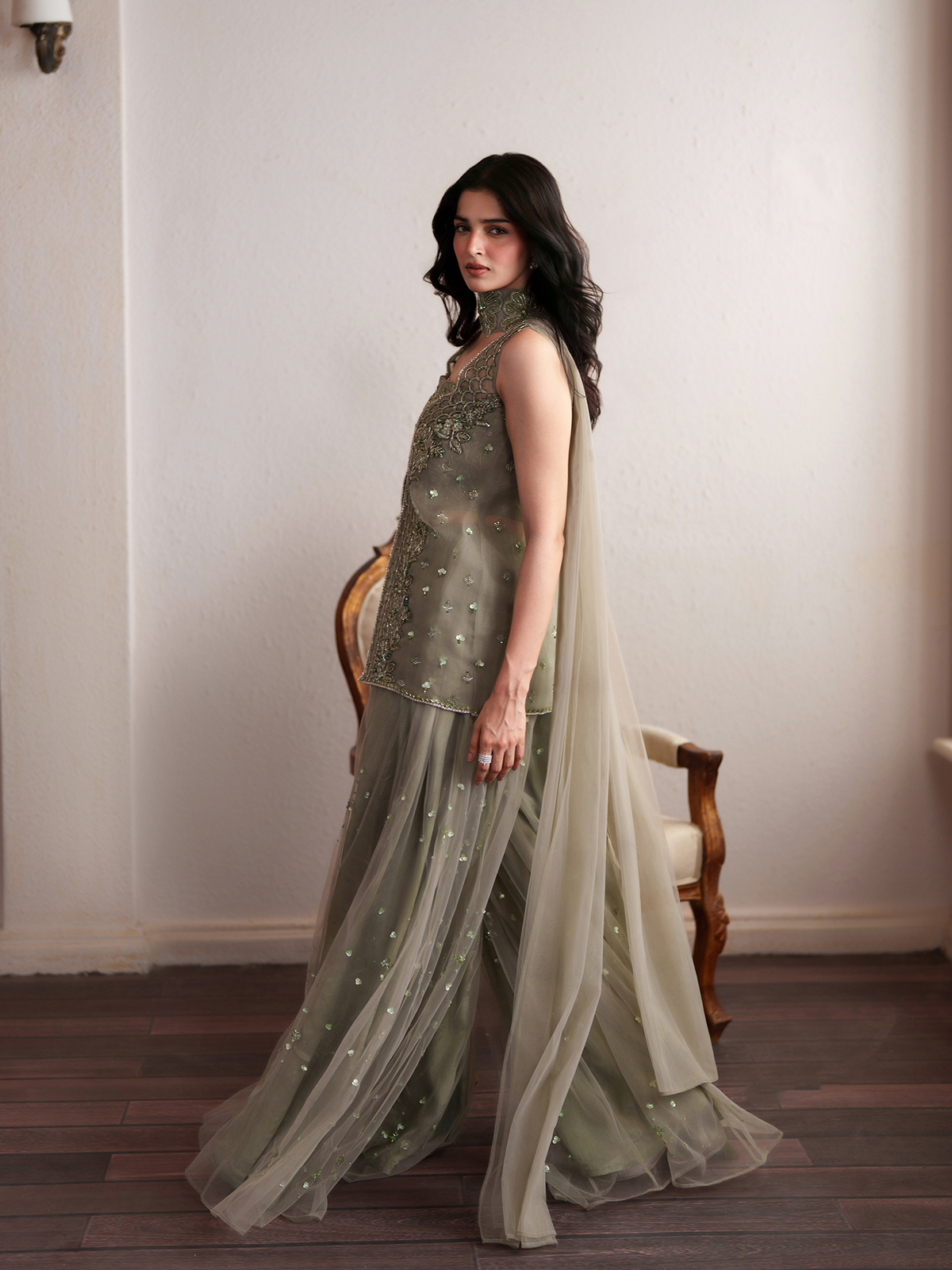 MINTARA Mint Green Embroidered Organza Sharara Suit