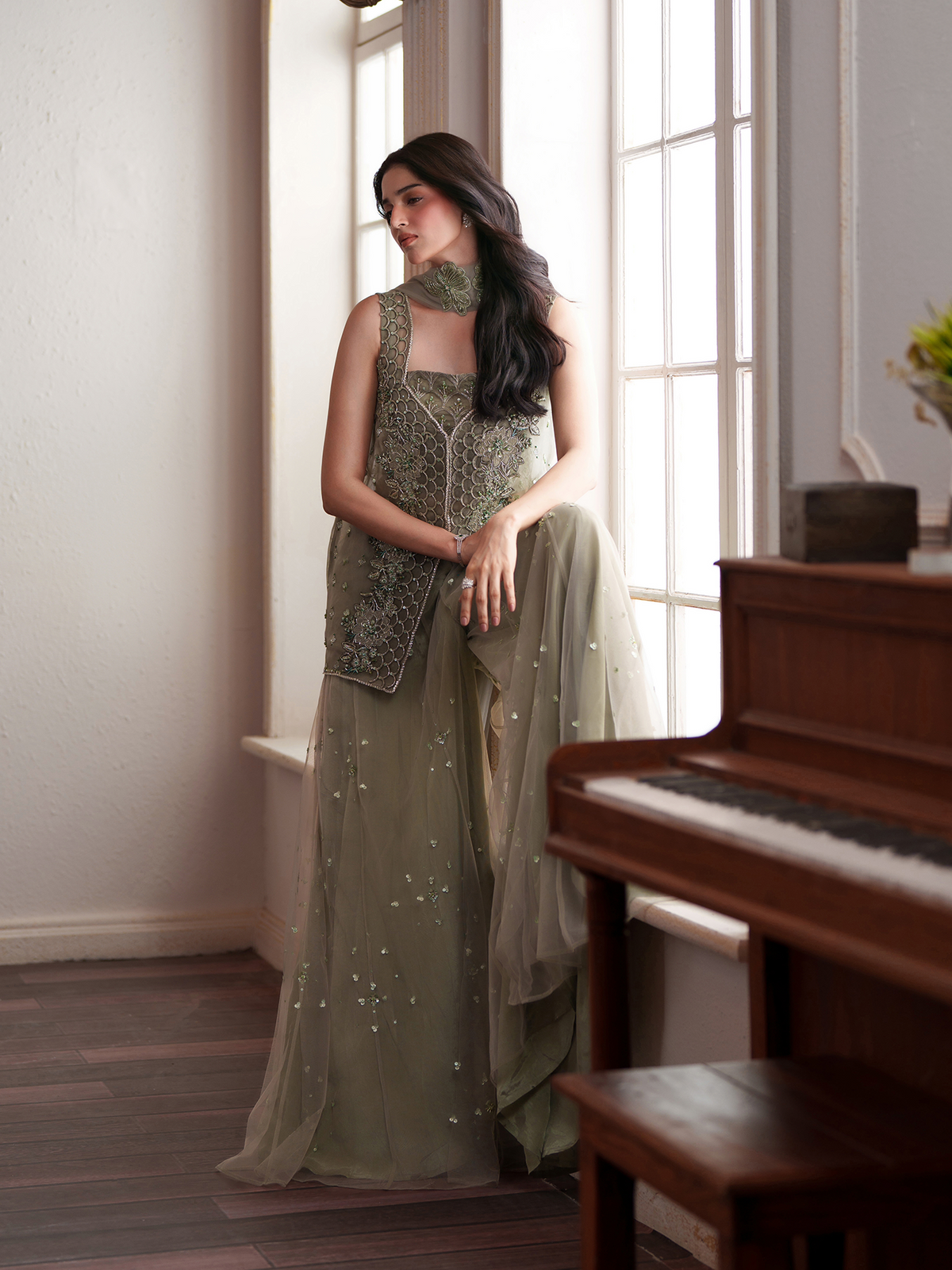 MINTARA Mint Green Embroidered Organza Sharara Suit