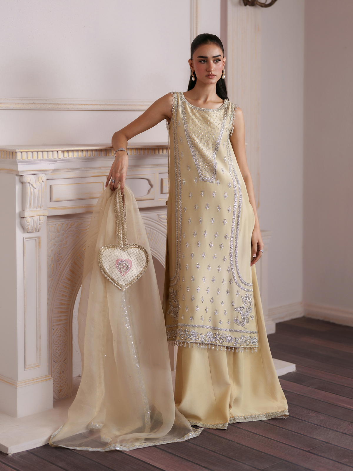 Citrine Silk Sharara three-piece Set with Organza Dupatta