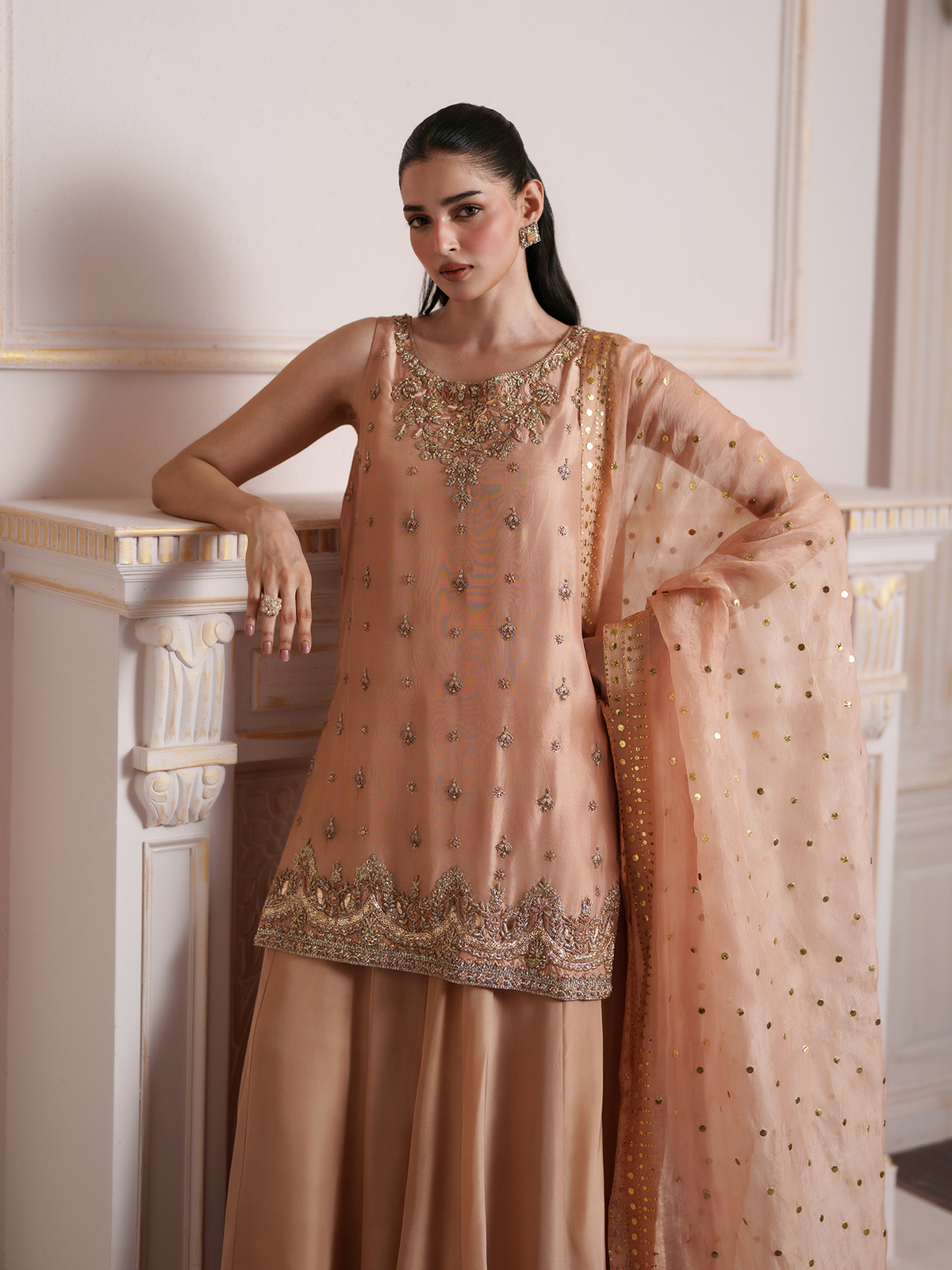 Peach Crush Silk Sharara Suit with Organza Mukaish Dupatta