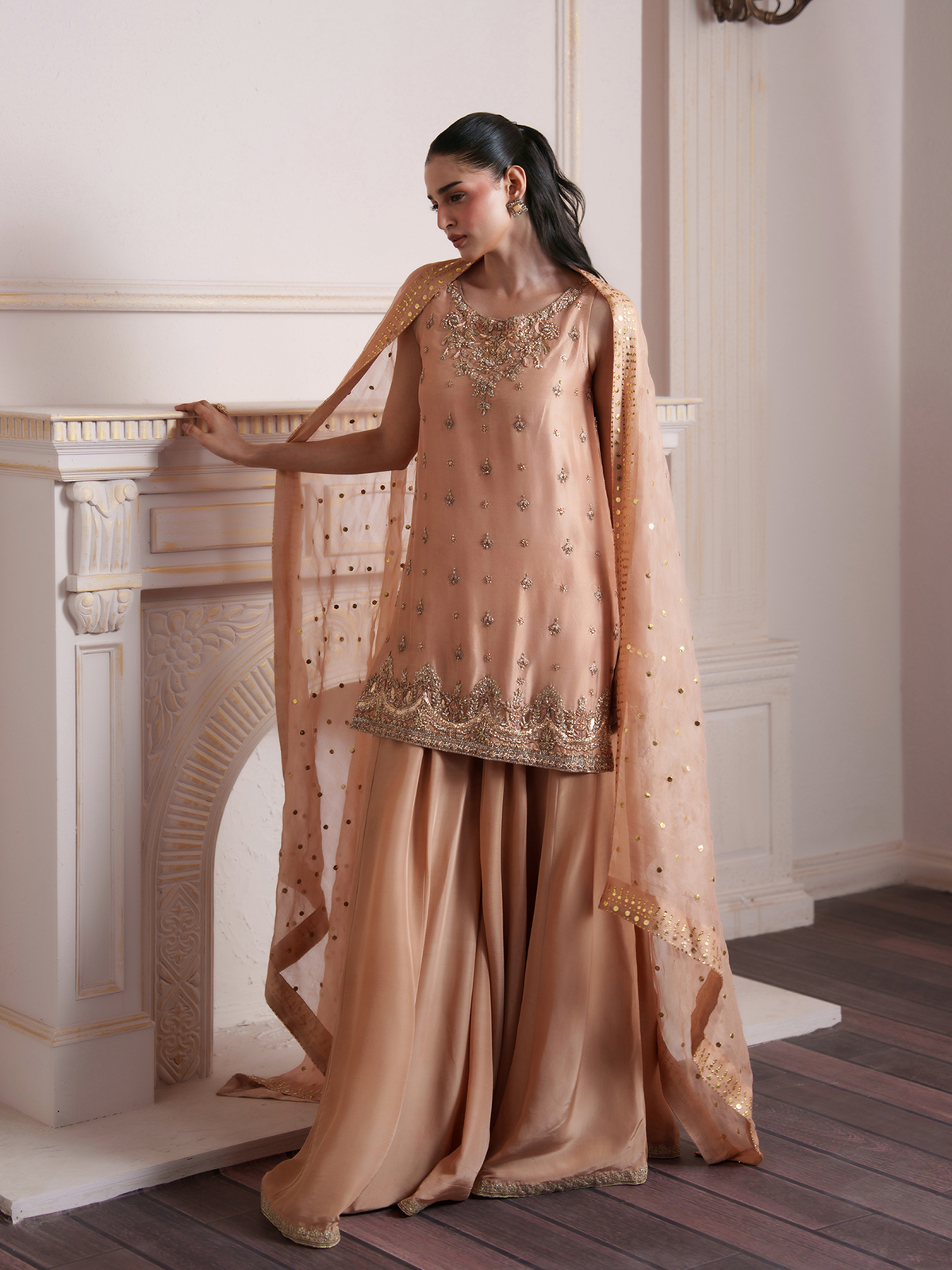 Peach Crush Silk Sharara Suit with Organza Mukaish Dupatta