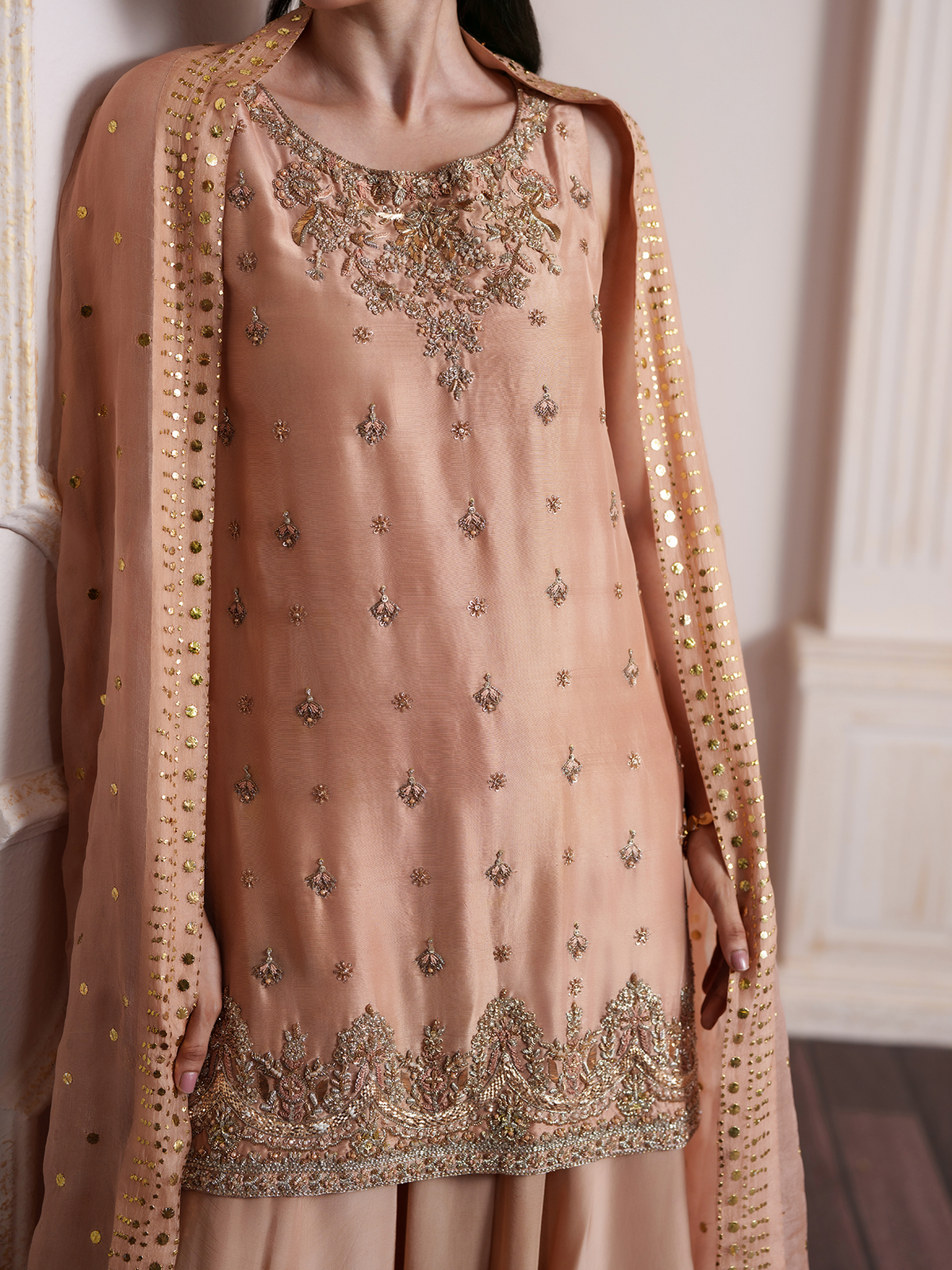 Peach Crush Silk Sharara Suit with Organza Mukaish Dupatta