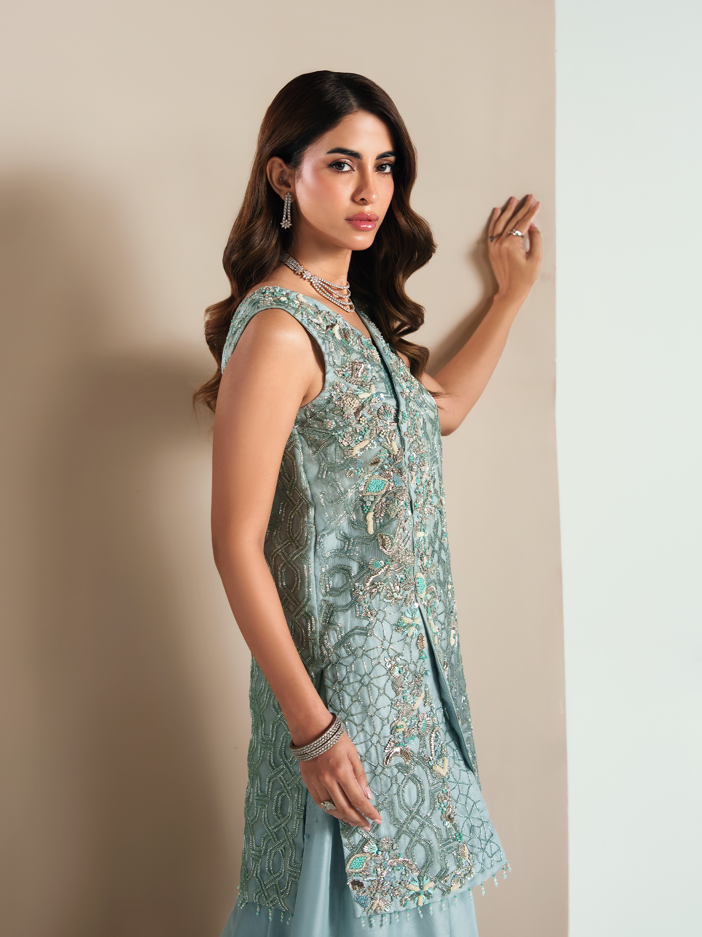 Ocean Blue Hand-Embroidered Organza Three-Piece