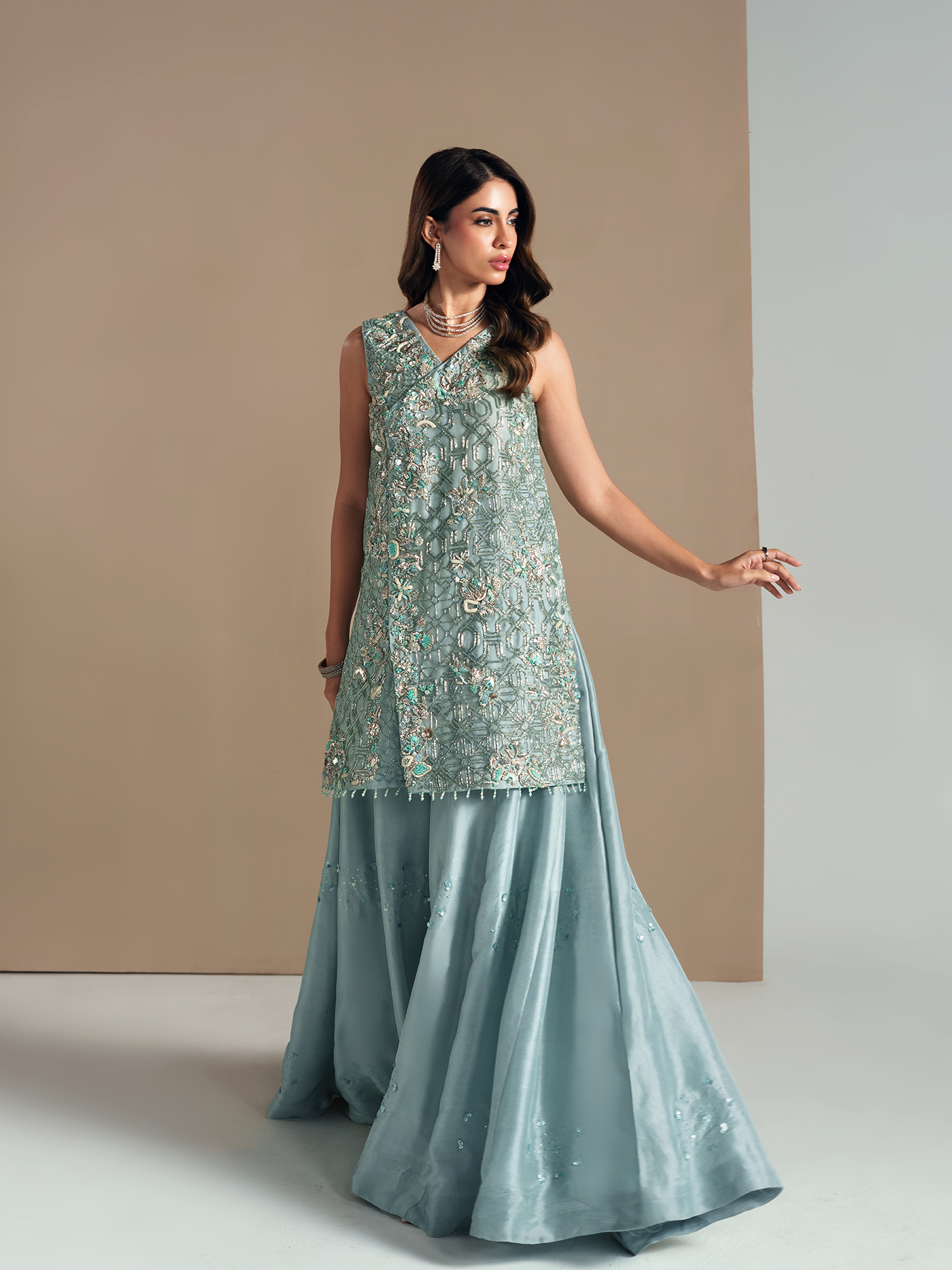 Ocean Blue Hand-Embroidered Organza Three-Piece