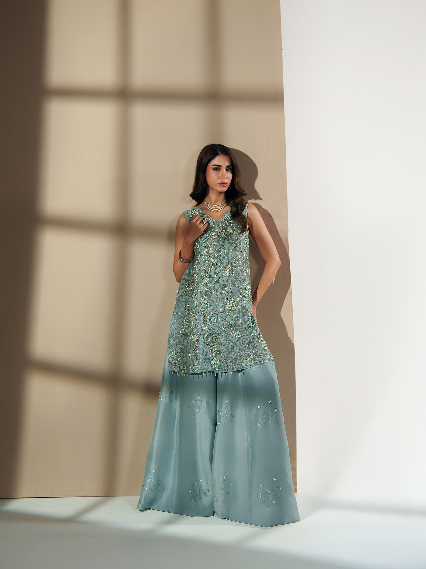 Ocean Blue Hand-Embroidered Organza Three-Piece