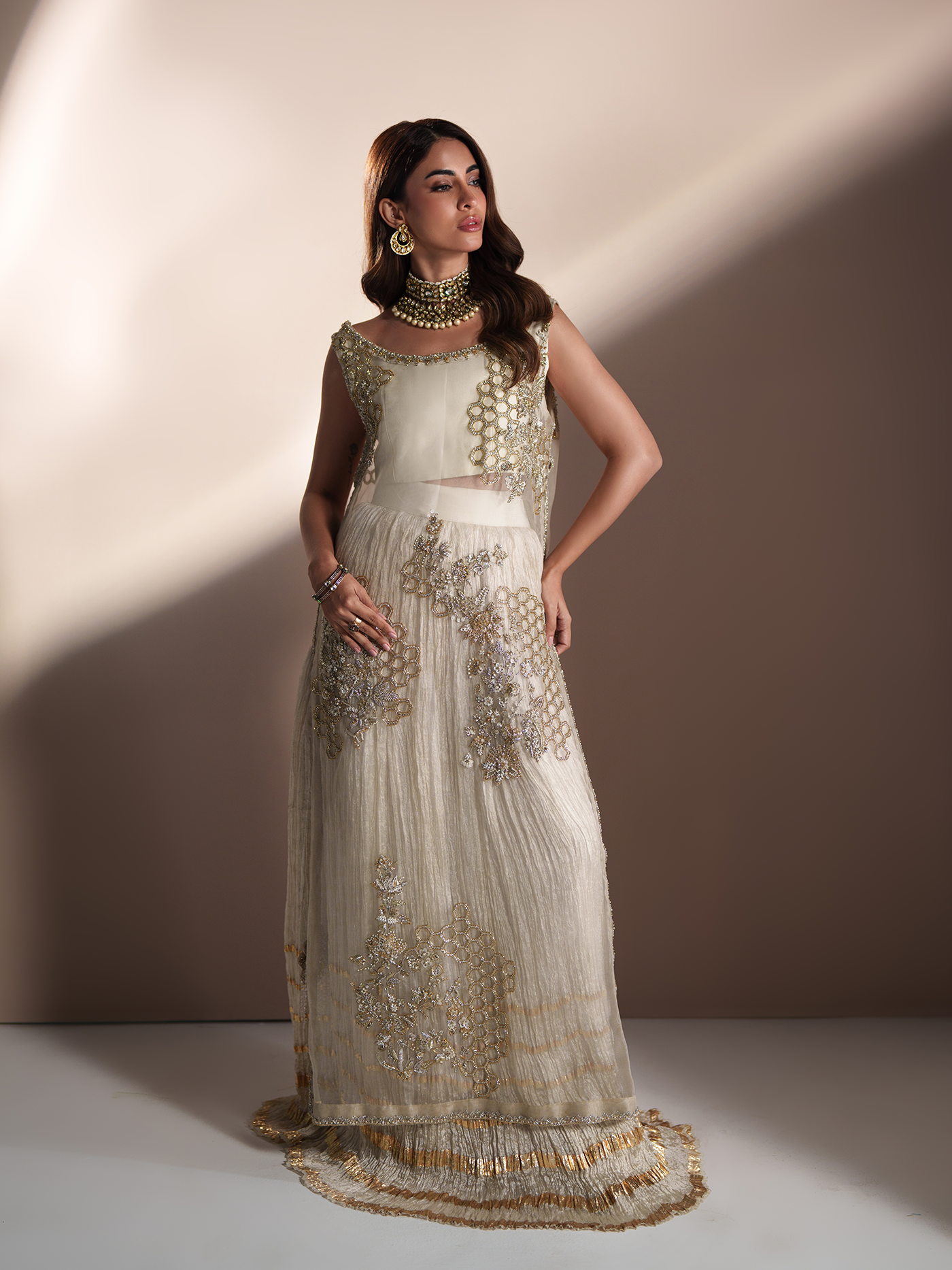 Ivory Gold Organza Lehnga Set with Dupatta