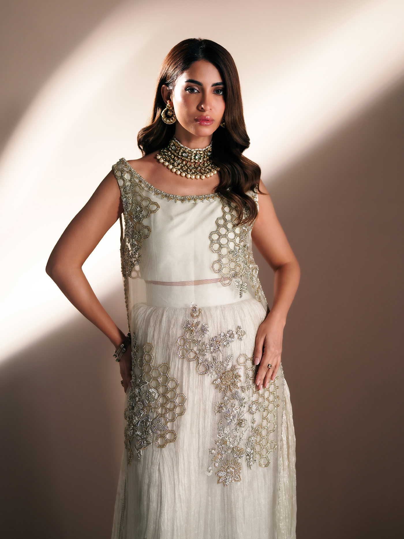 Ivory Gold Organza Lehnga Set with Dupatta