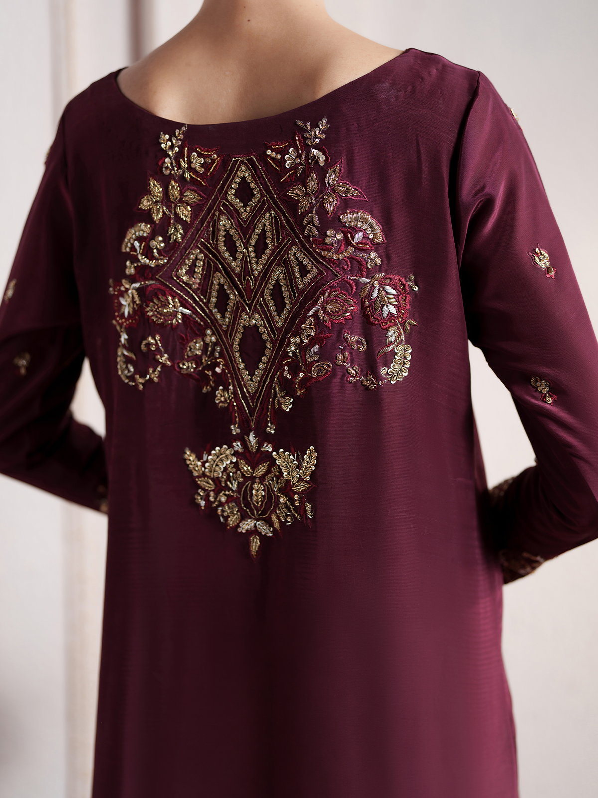 Rossa Deep Maroon Silk Embellished Kaftan