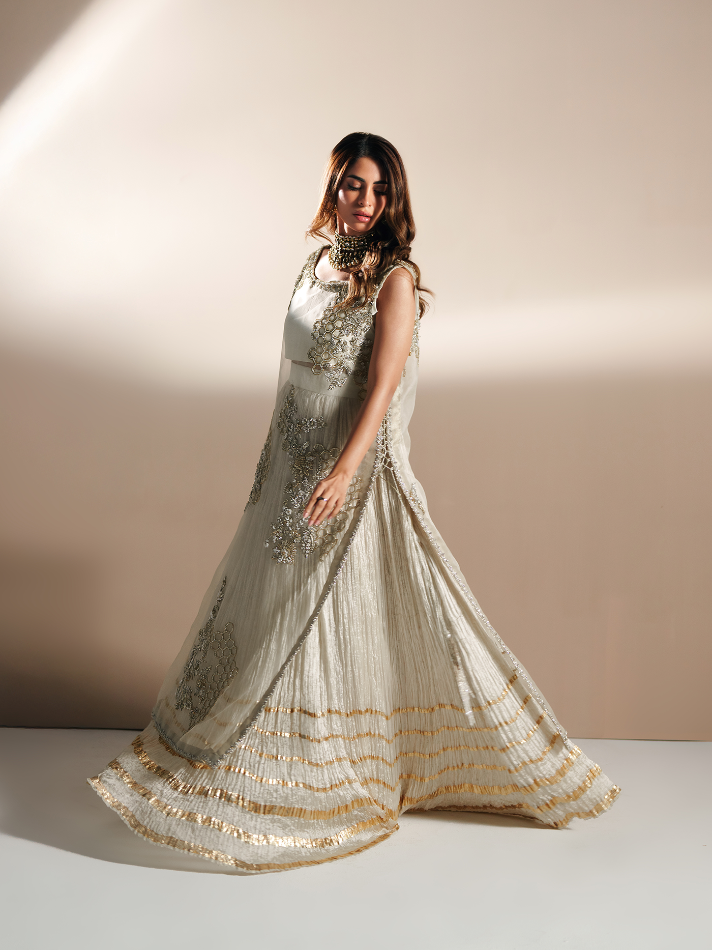 Ivory Gold Organza Lehnga Set with Dupatta