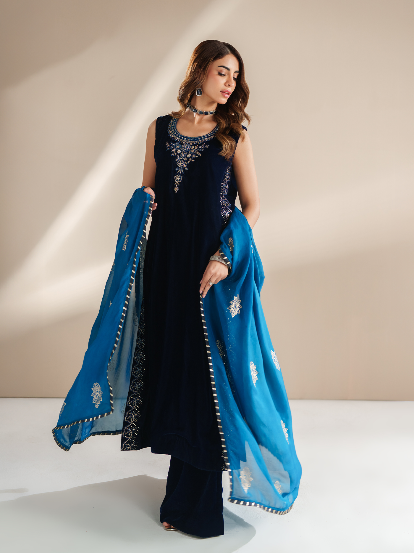 Deep Navy Hand-Embroidered Velvet Three-Piece