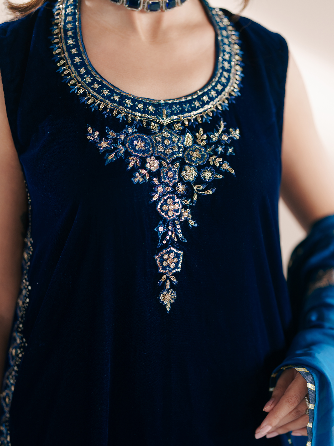 Deep Navy Hand-Embroidered Velvet Three-Piece