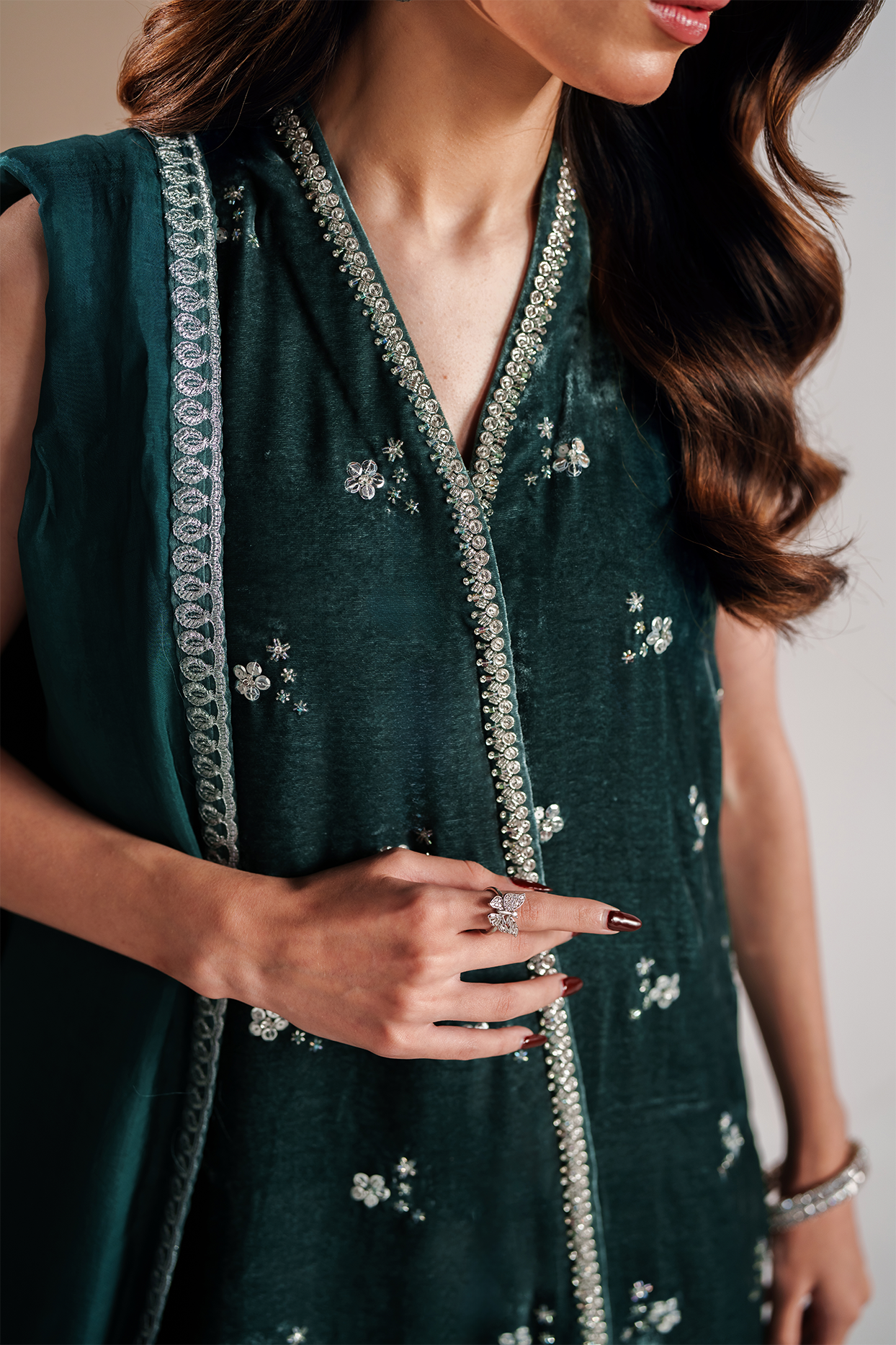 Cila Deep Aqua Hand-Embroidered Velvet Three-Piece