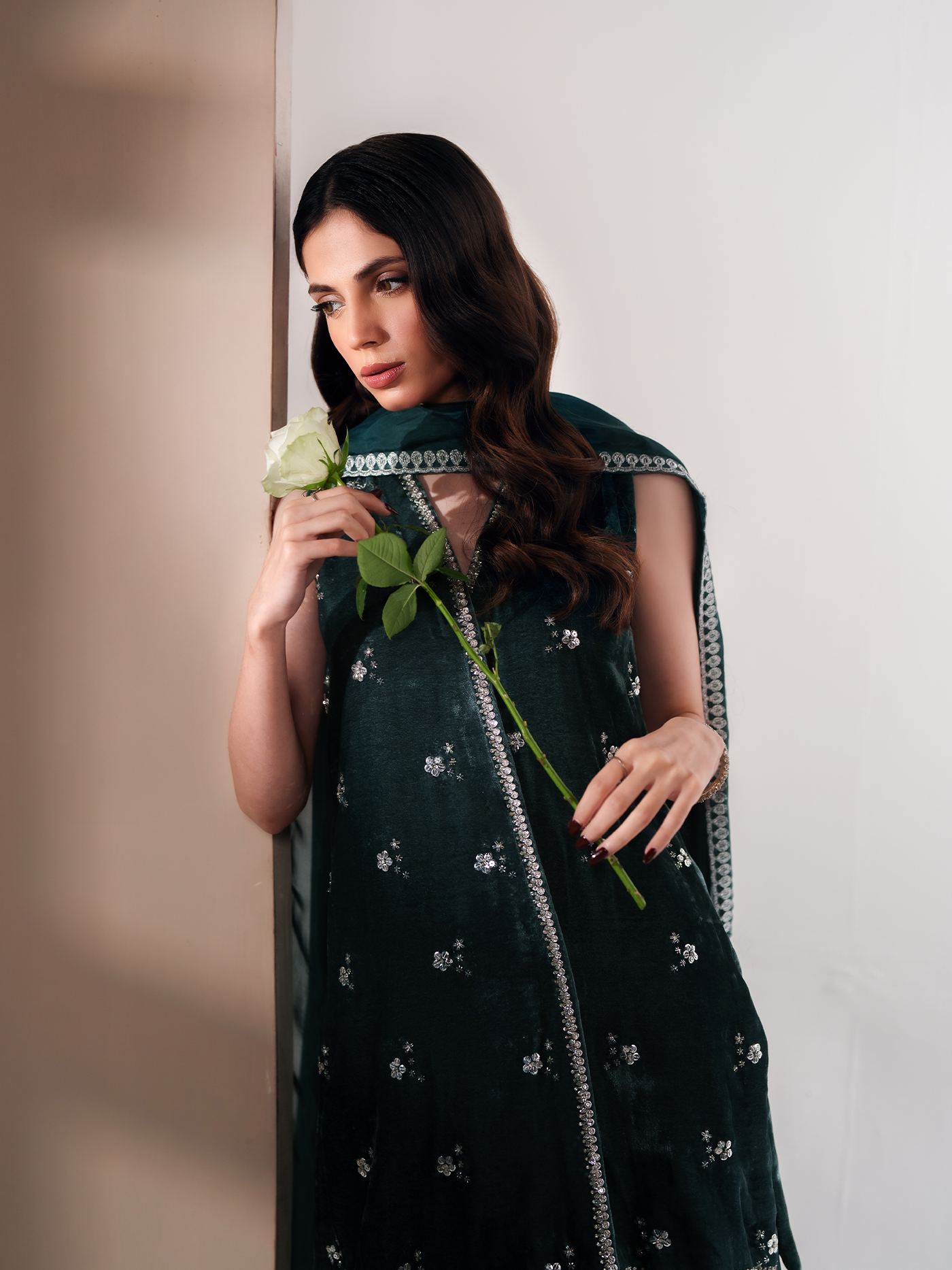 Cila Deep Aqua Hand-Embroidered Velvet Three-Piece