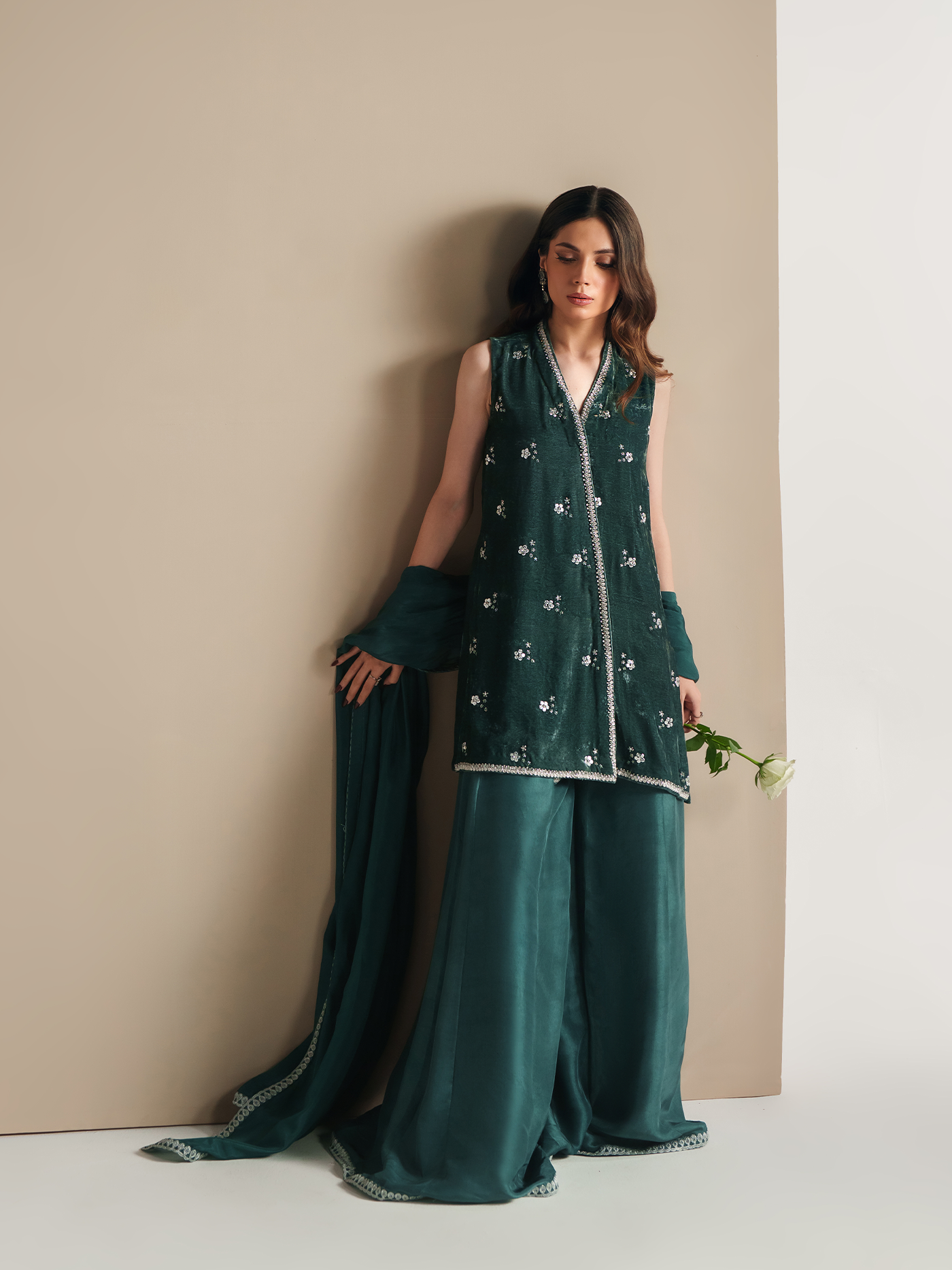 Cila Deep Aqua Hand-Embroidered Velvet Three-Piece