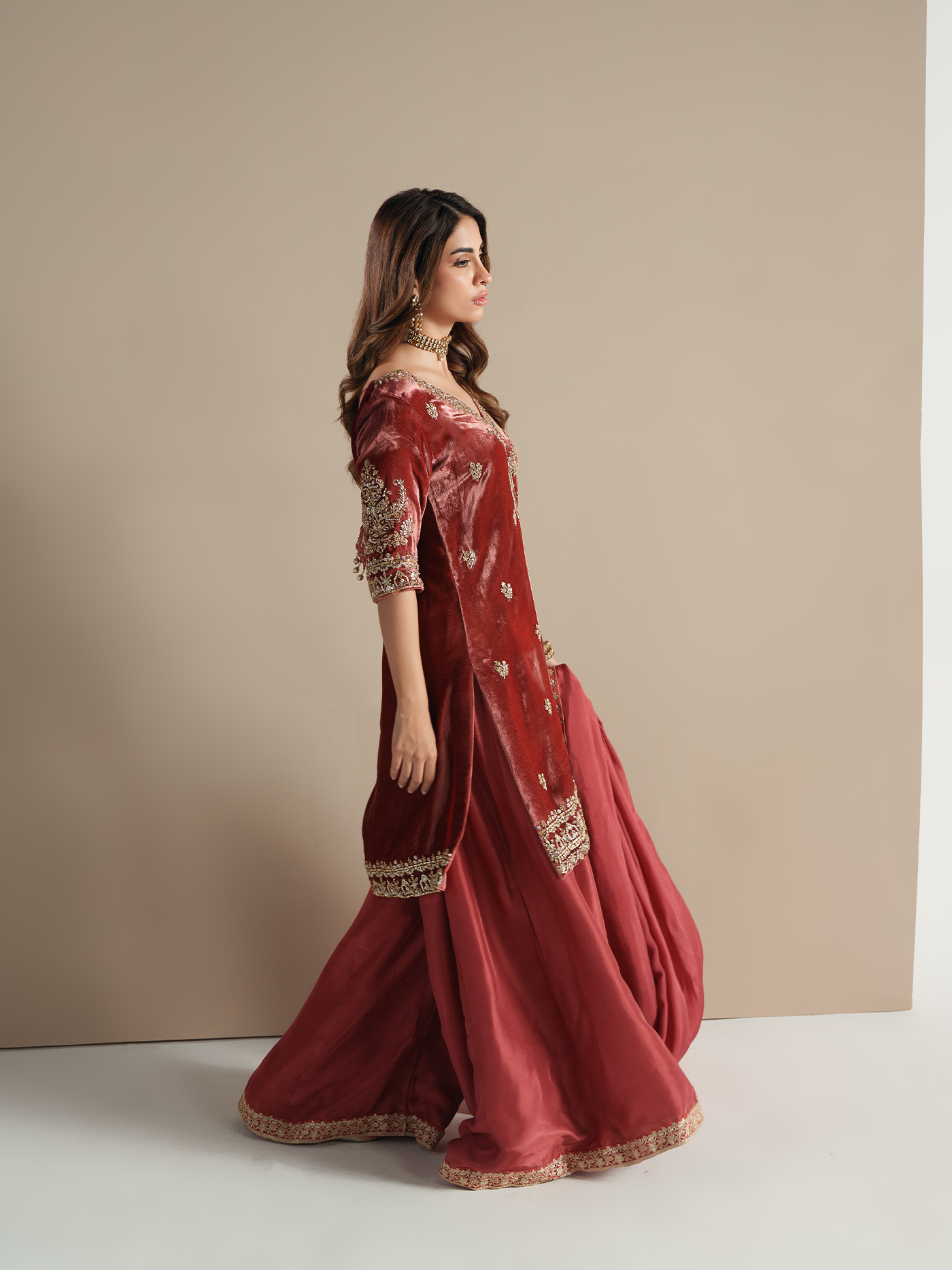 Burnt Orange Hand-Embroidered Velvet Three-Piece