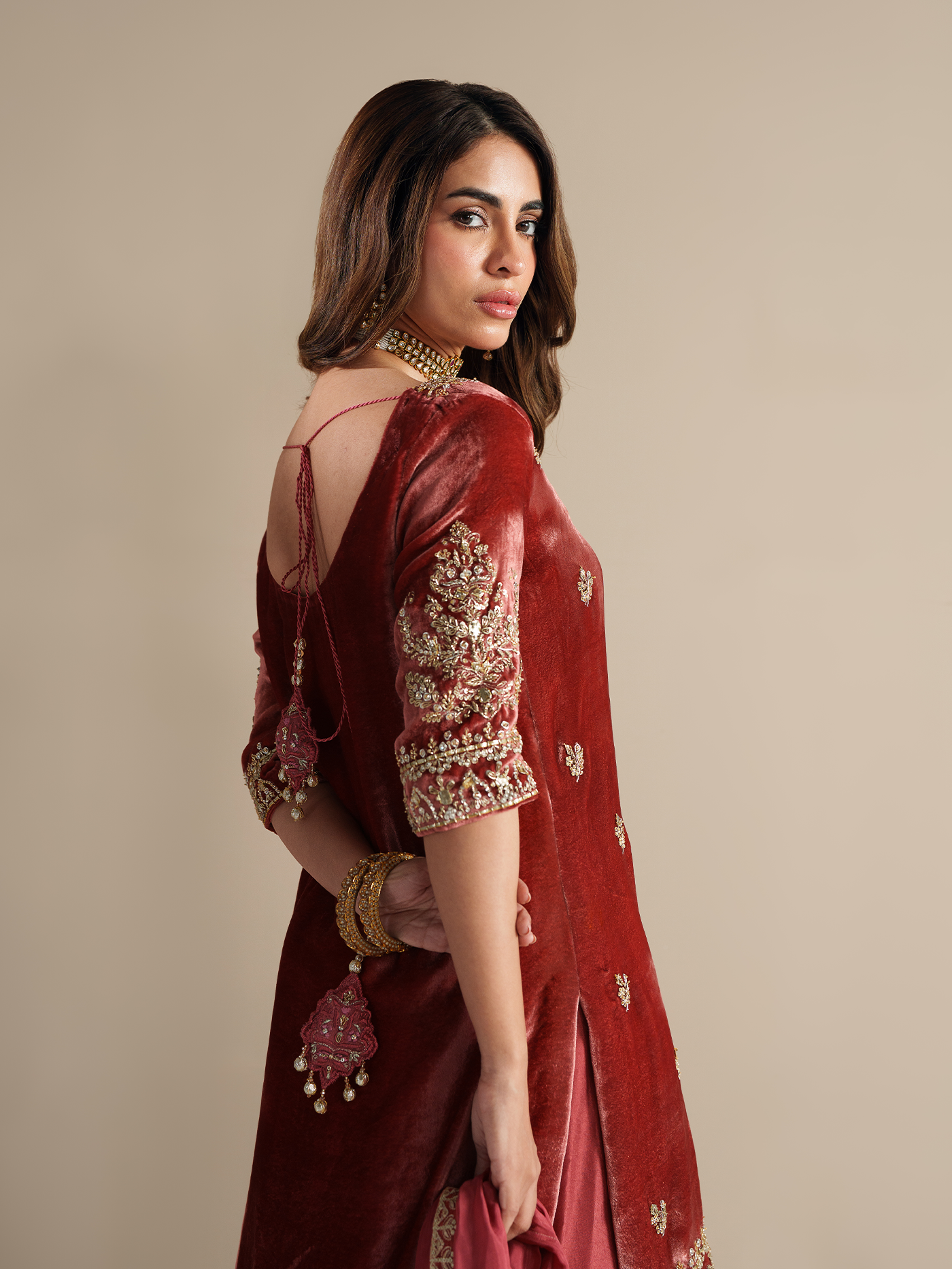 Burnt Orange Hand-Embroidered Velvet Three-Piece