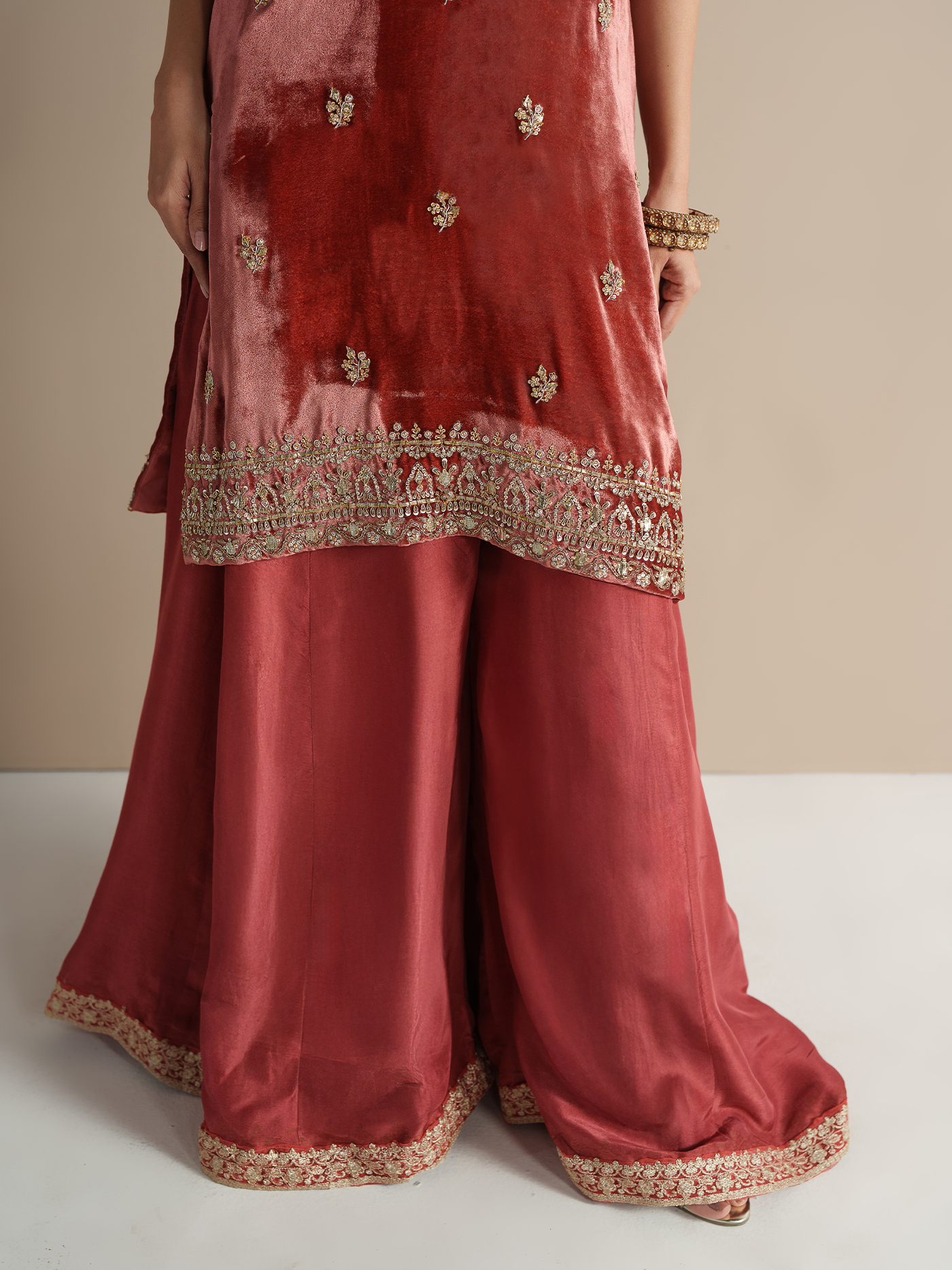 Burnt Orange Hand-Embroidered Velvet Three-Piece