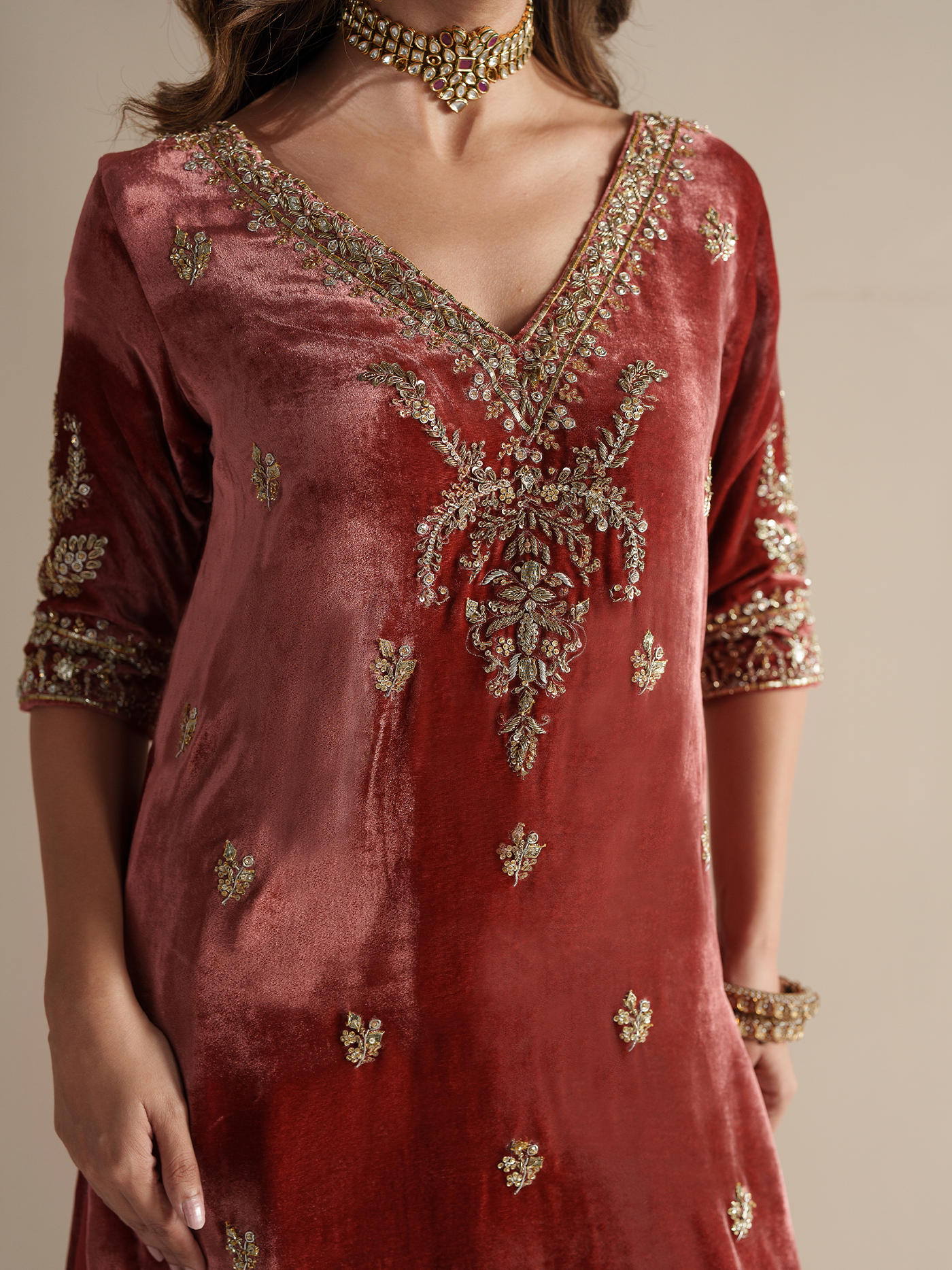 Burnt Orange Hand-Embroidered Velvet Three-Piece
