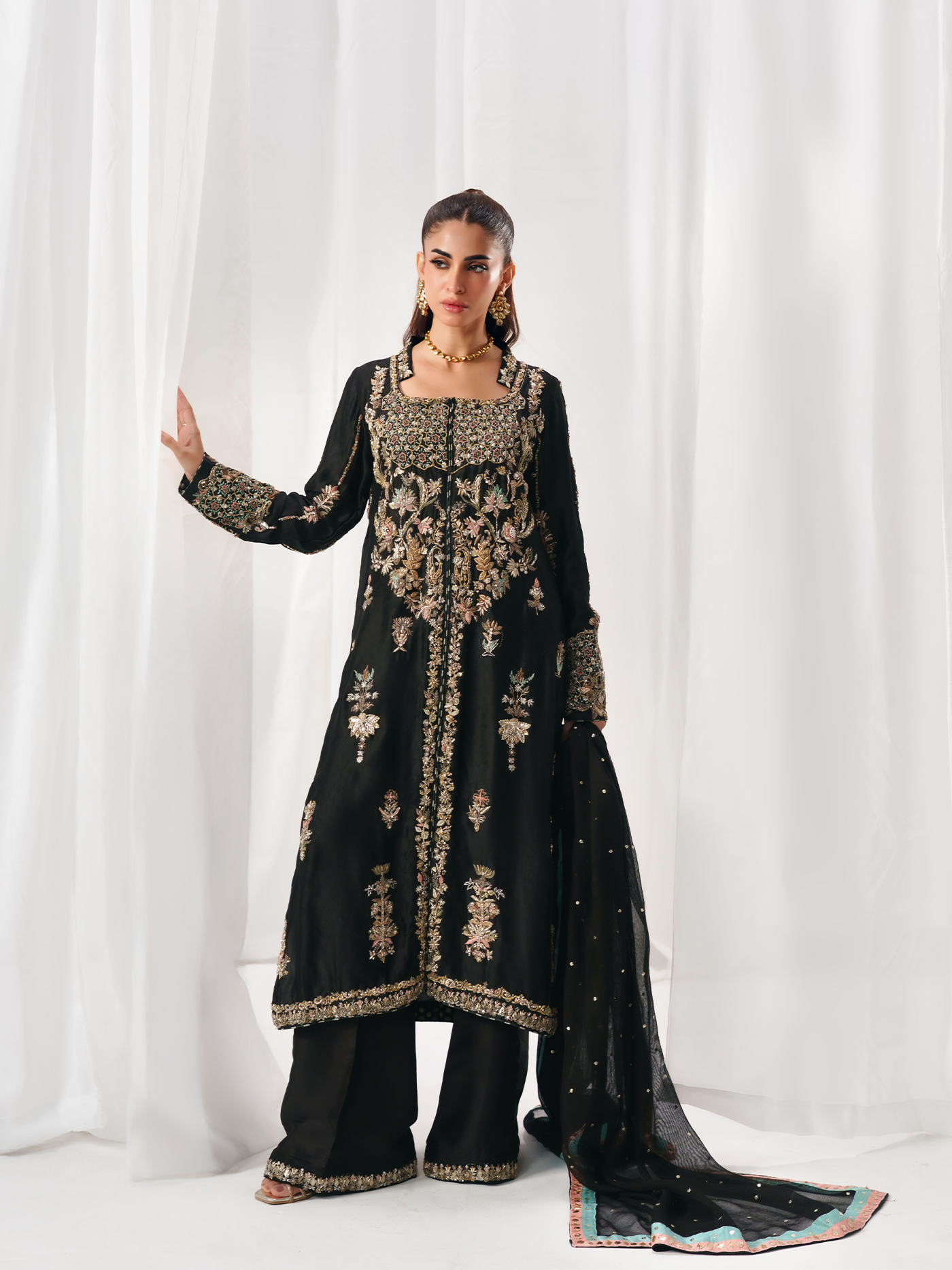 Viola Black Hand-Embroidered Tissue Silk Three-Piece
