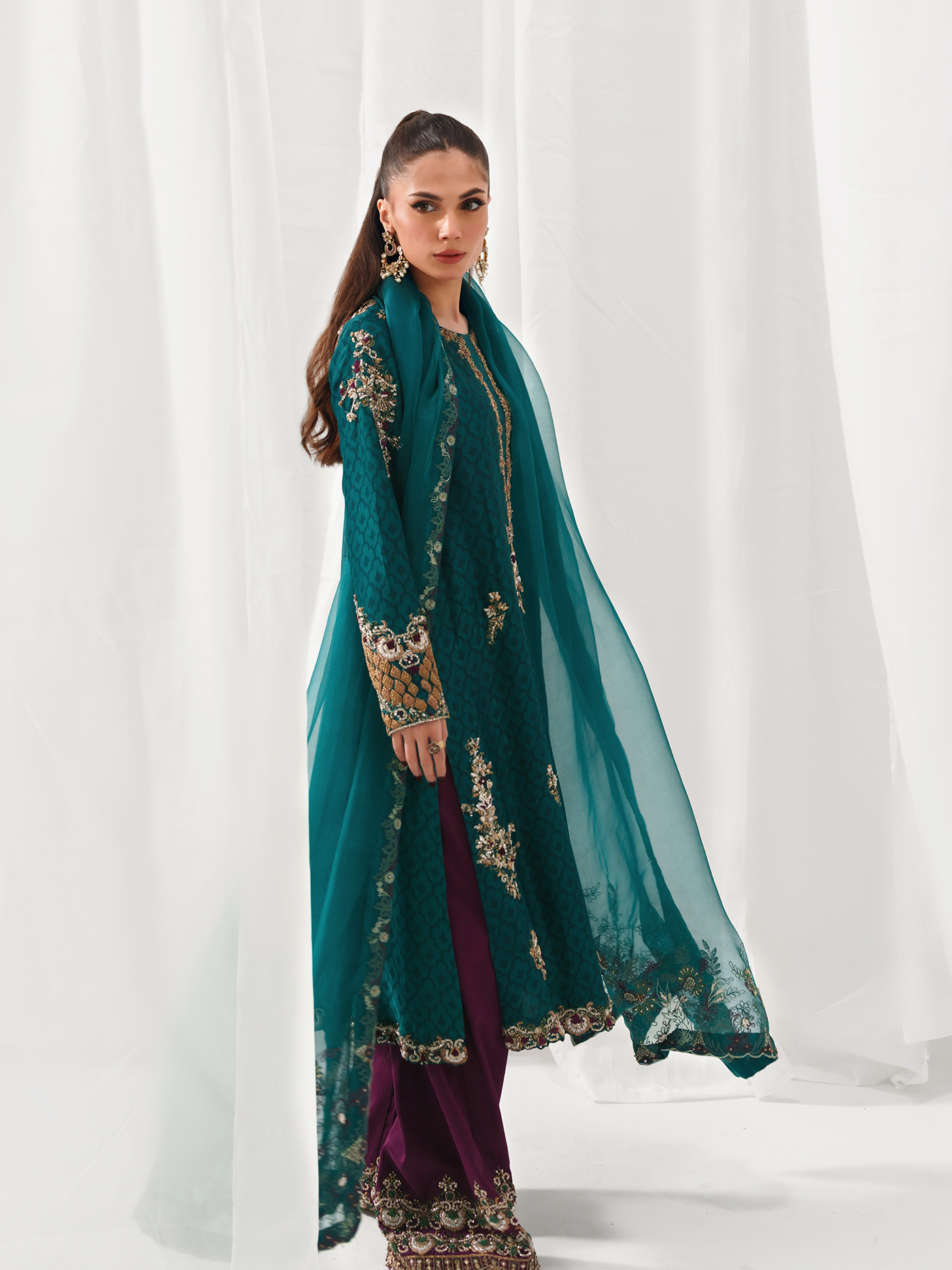 Zinc Green Hand-Embroidered Tissue Silk Three-Piece