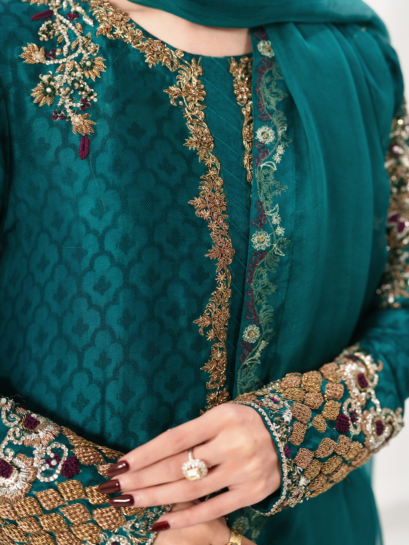 Zinc Green Hand-Embroidered Tissue Silk Three-Piece