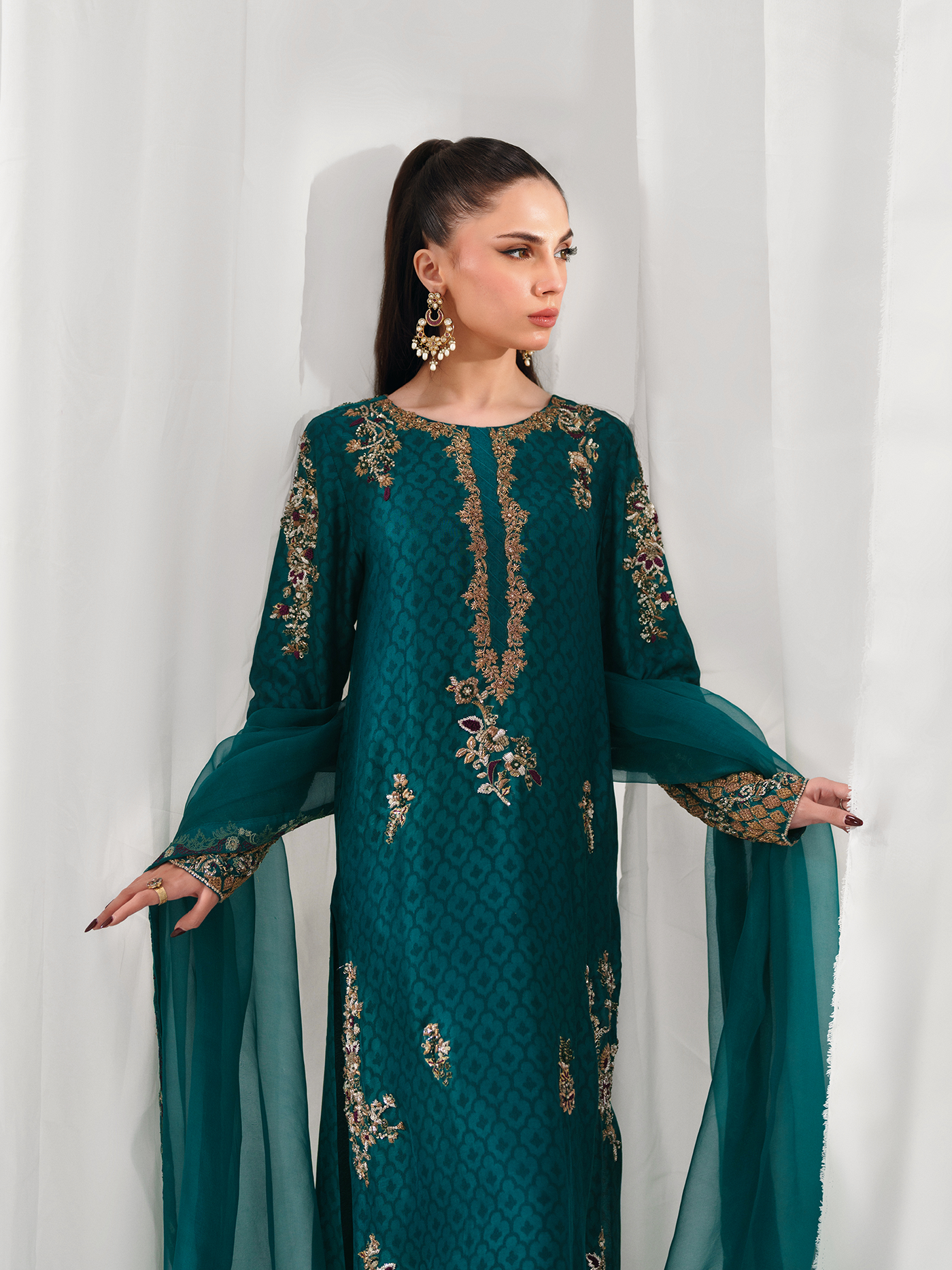 Zinc Green Hand-Embroidered Tissue Silk Three-Piece