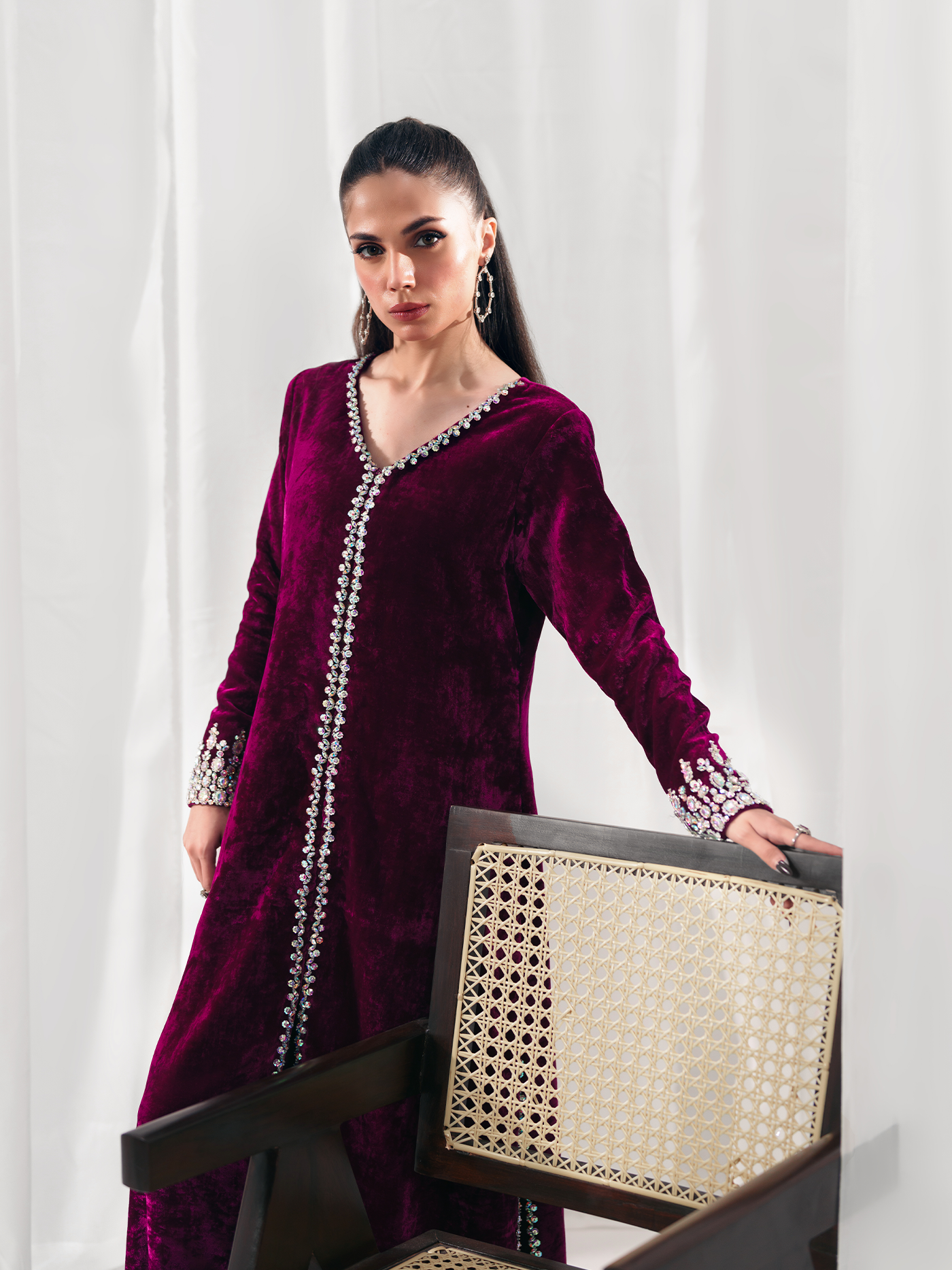 Hot Pink Hand-Embroidered French Velvet Gown Set