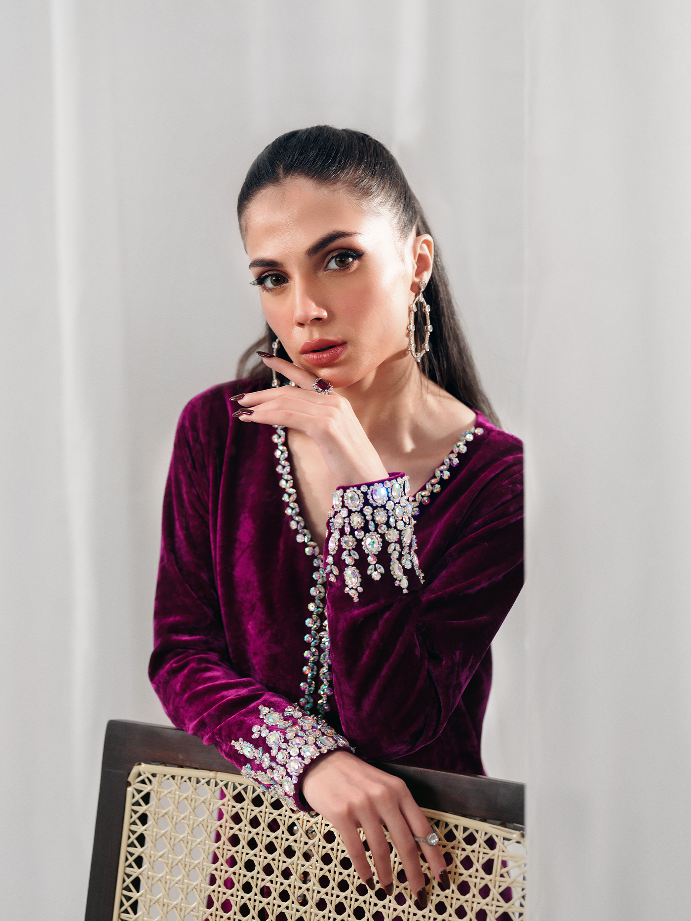 Hot Pink Hand-Embroidered French Velvet Gown Set