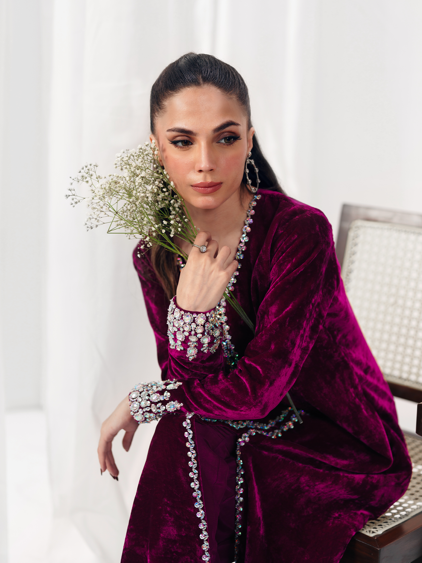 Hot Pink Hand-Embroidered French Velvet Gown Set