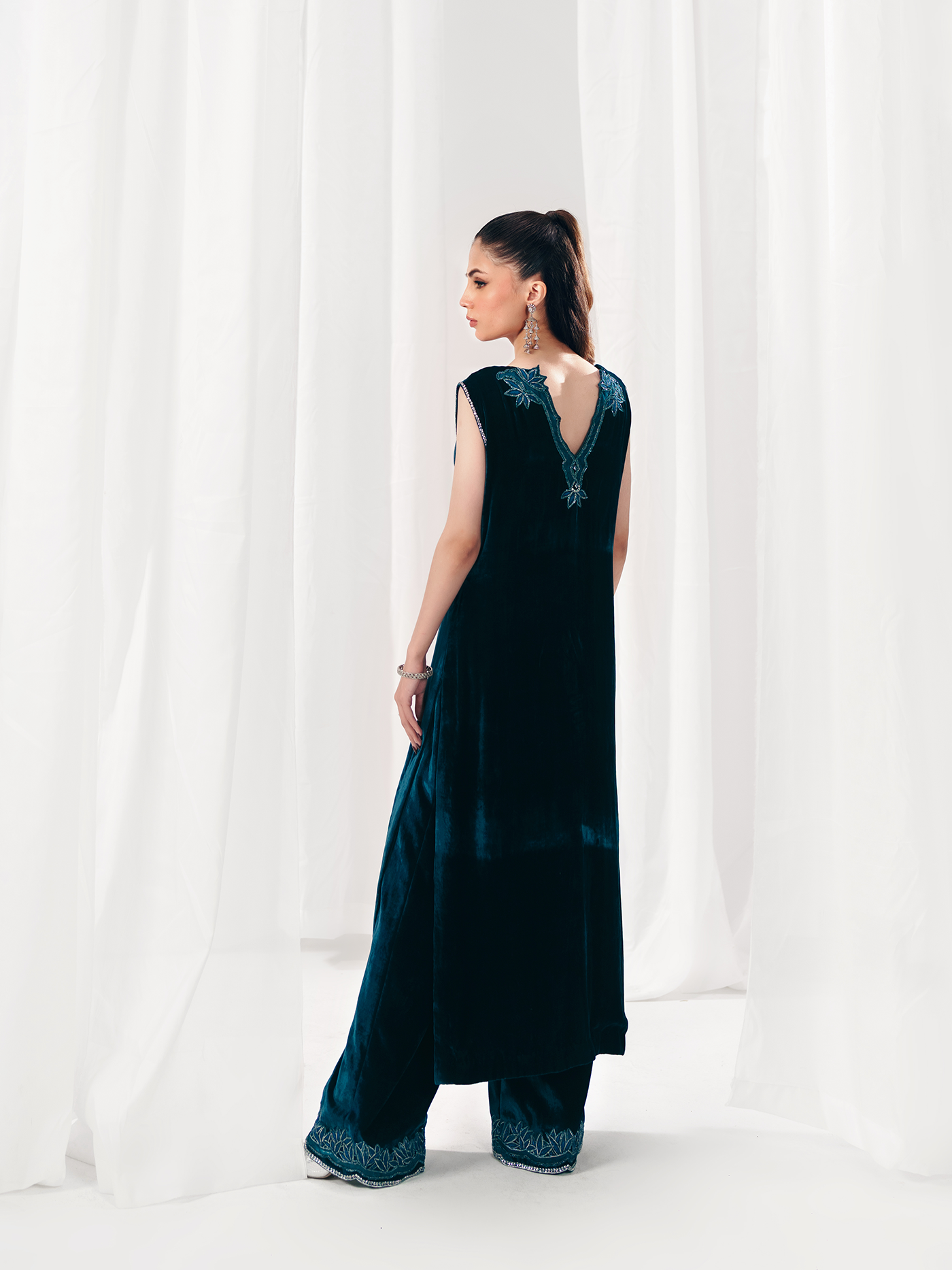 Teen Teal Hand-Embroidered French Velvet Three-Piece