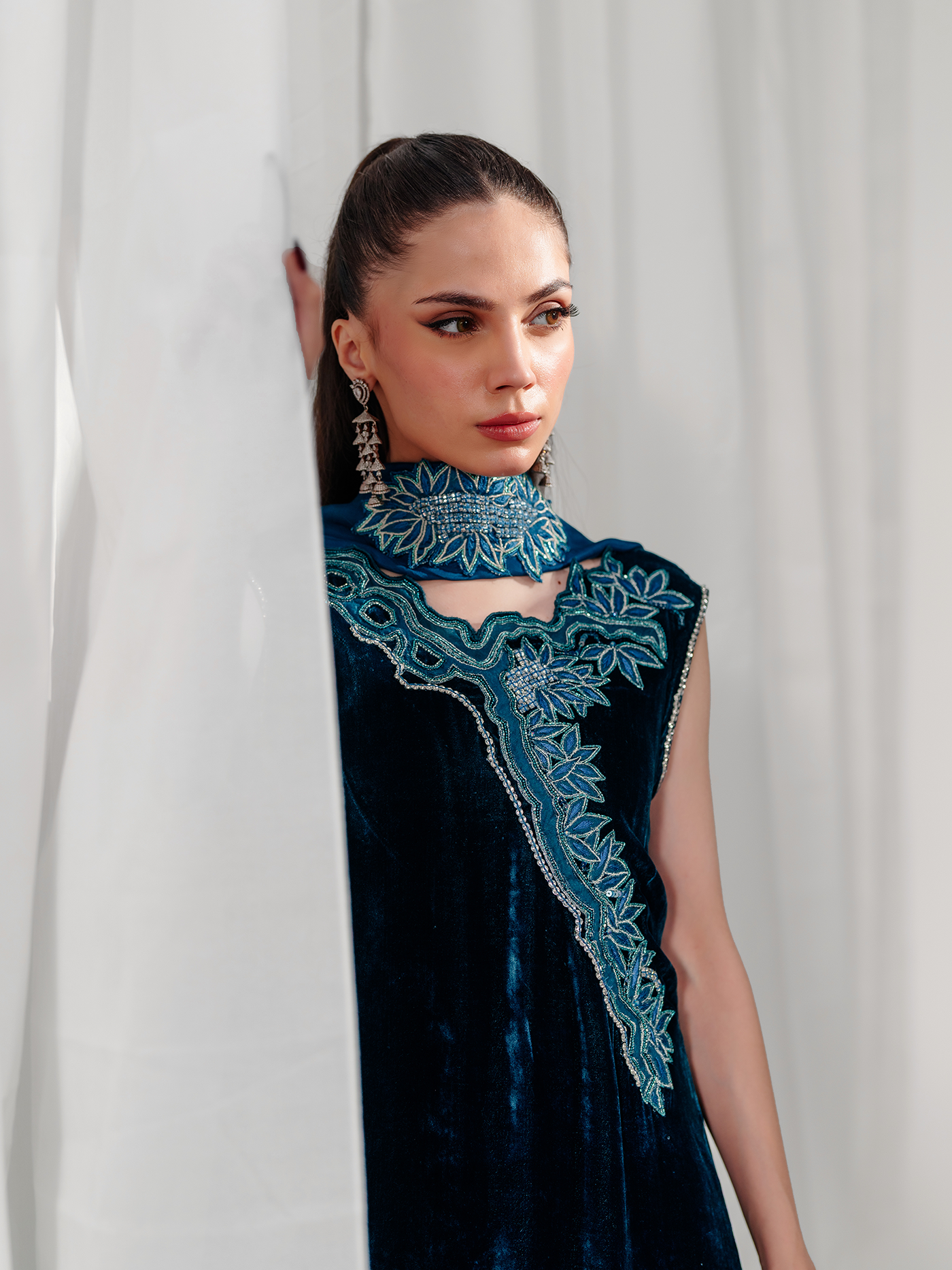 Teen Teal Hand-Embroidered French Velvet Three-Piece