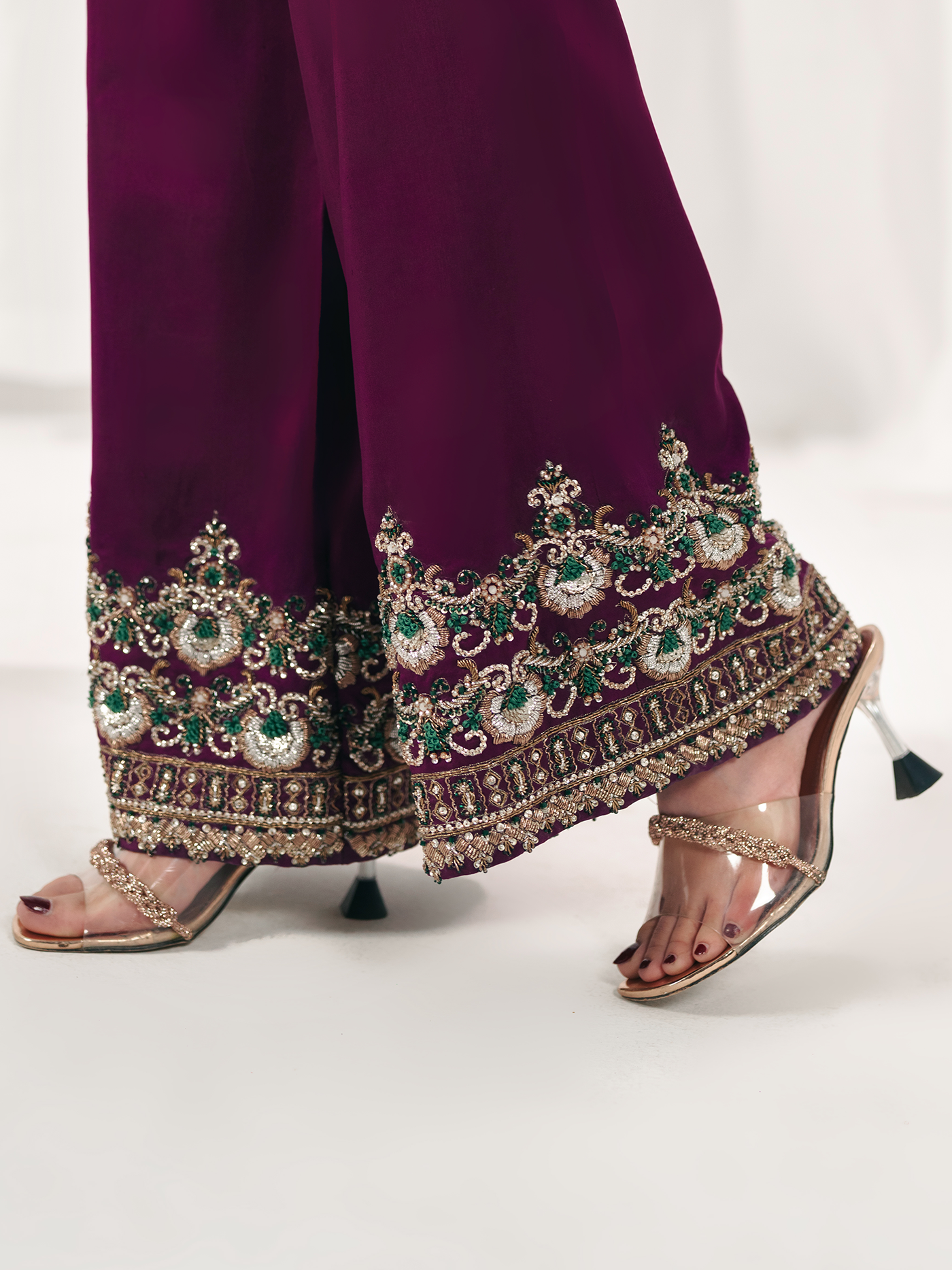 Zinc Green Hand-Embroidered Tissue Silk Three-Piece